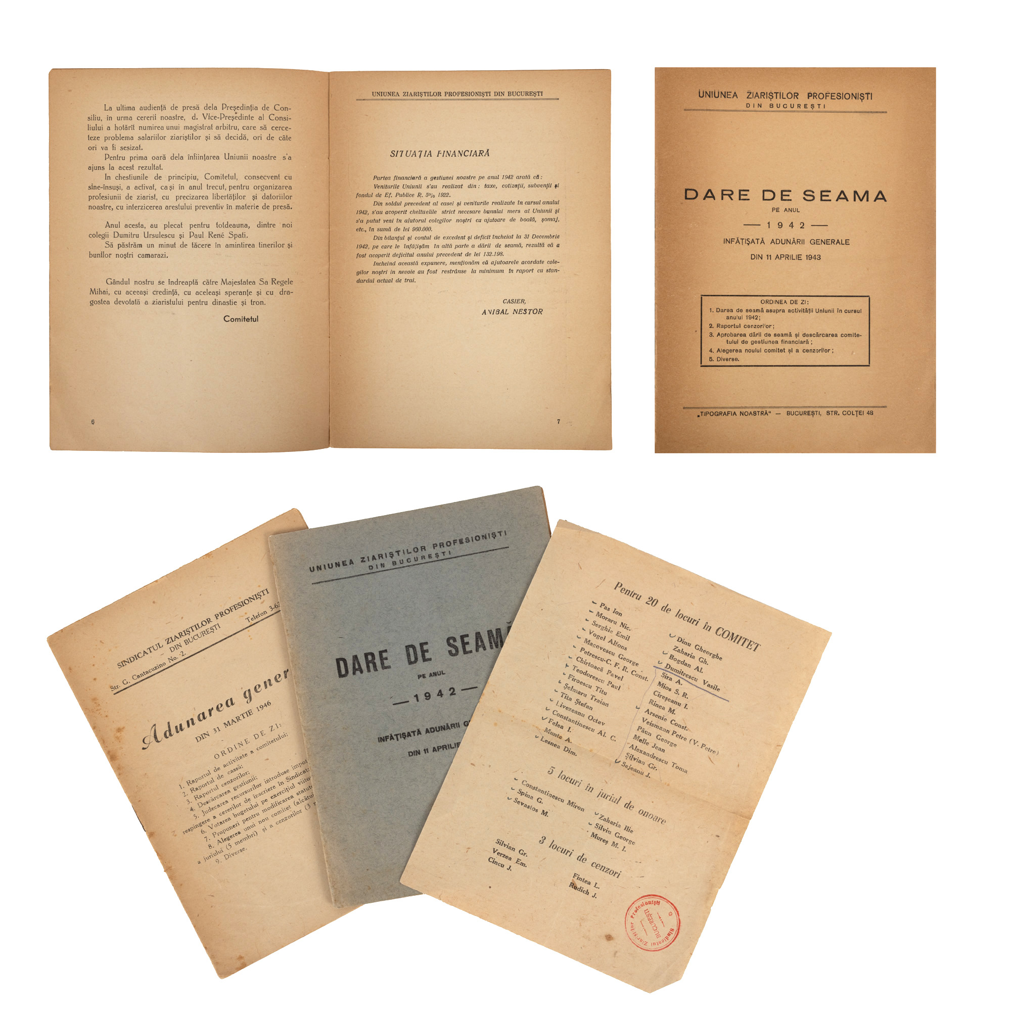 Lot Uniunea Ziariștilor Profesioniști, ”Dare de seamă”, ”Adunarea Generală” și buletin de alegeri, București, 1942-1946, provin din colecția scriitorului Pericle Martinescu