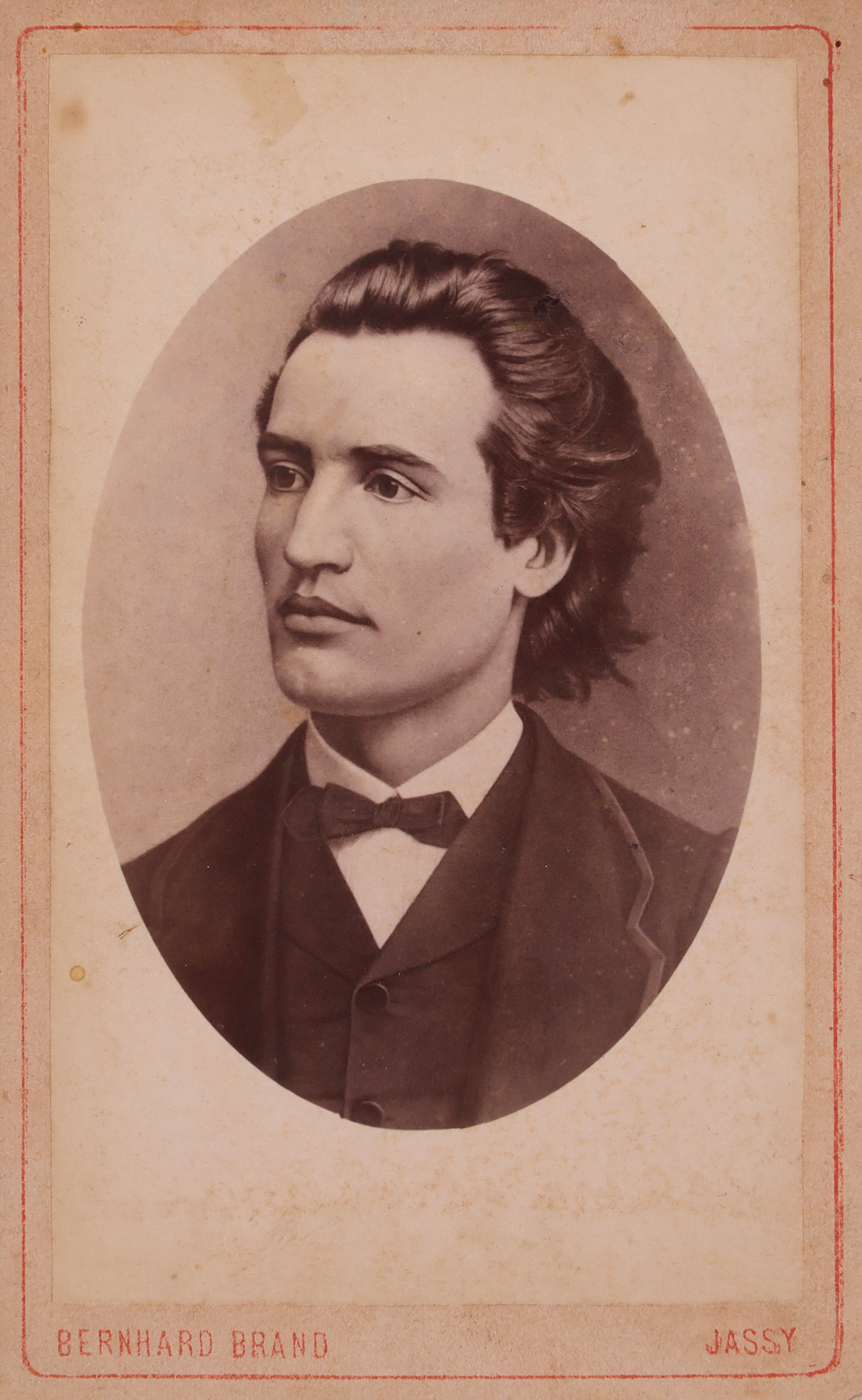 Photograph depicting Mihai Eminescu, Bernhard Brand studio, made after the cliché of Jan Tomas from Prague at the order of the General Association of Romanian University Students, Iași section, 1880, rare piece