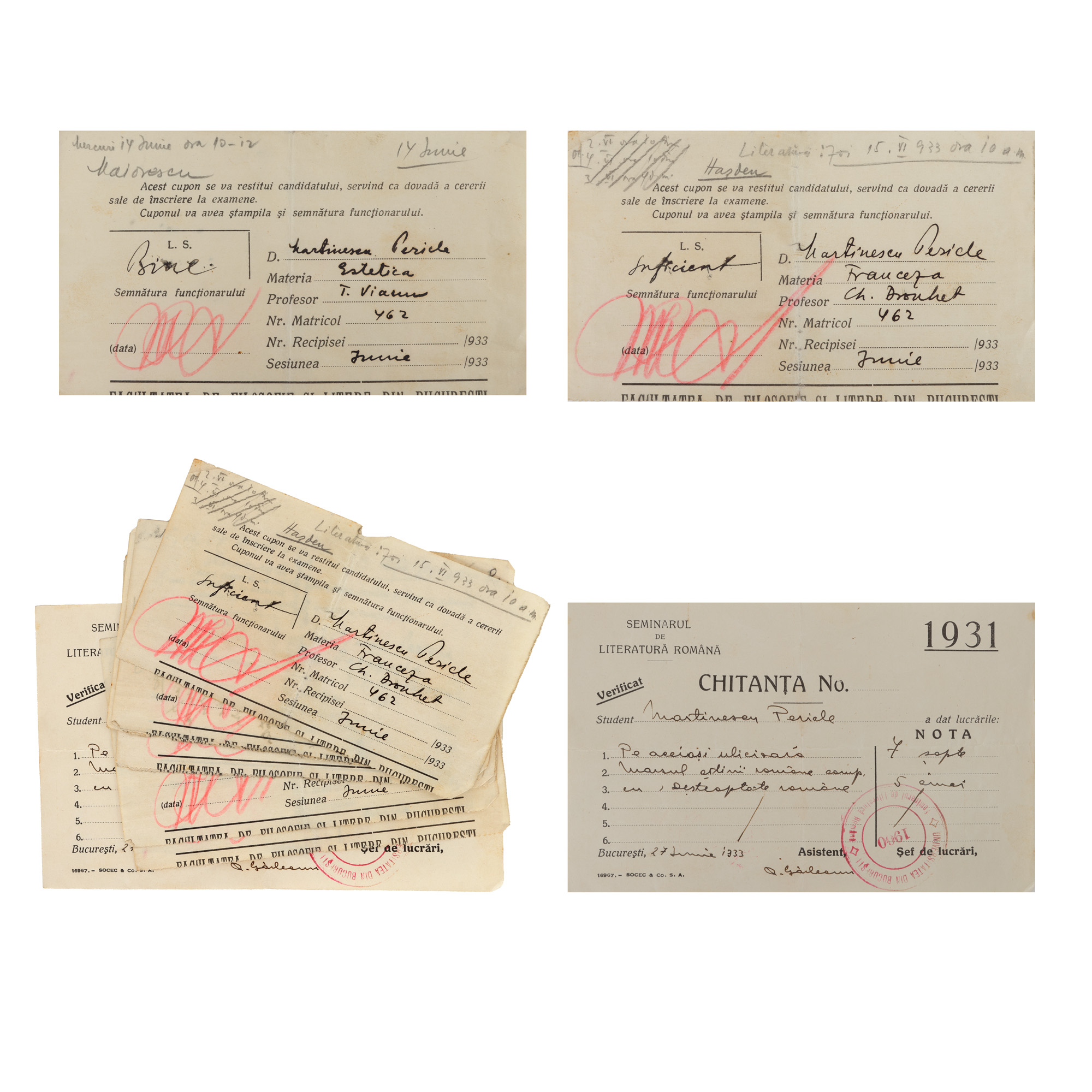 Lot consisting of 8 exam vouchers and a receipt, University of Bucharest, Faculty of Letters, June 1933, coming from the archive of the writer Pericle Martinescu