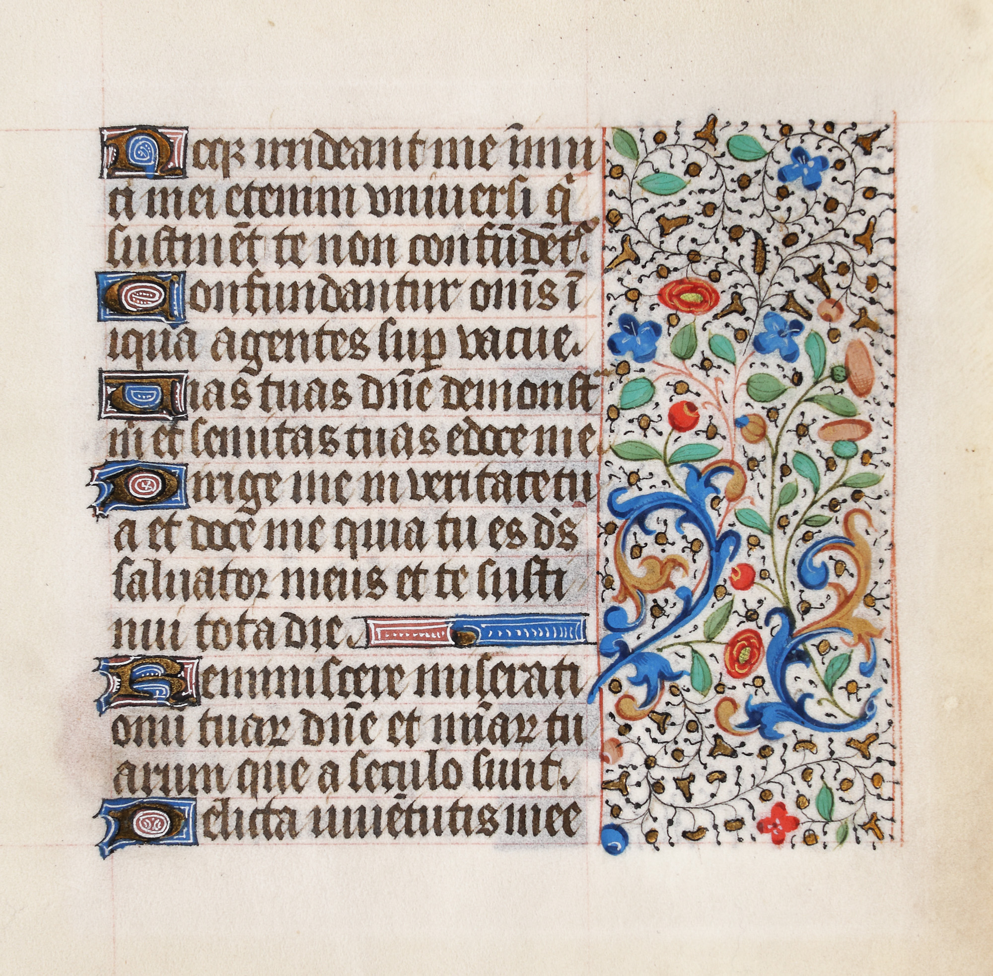 Filă de manuscris, miniată cu letrine din aur și decor floral, din ”Cartea orelor”, latină, Europa Centrală, cca. 1450, de colecție