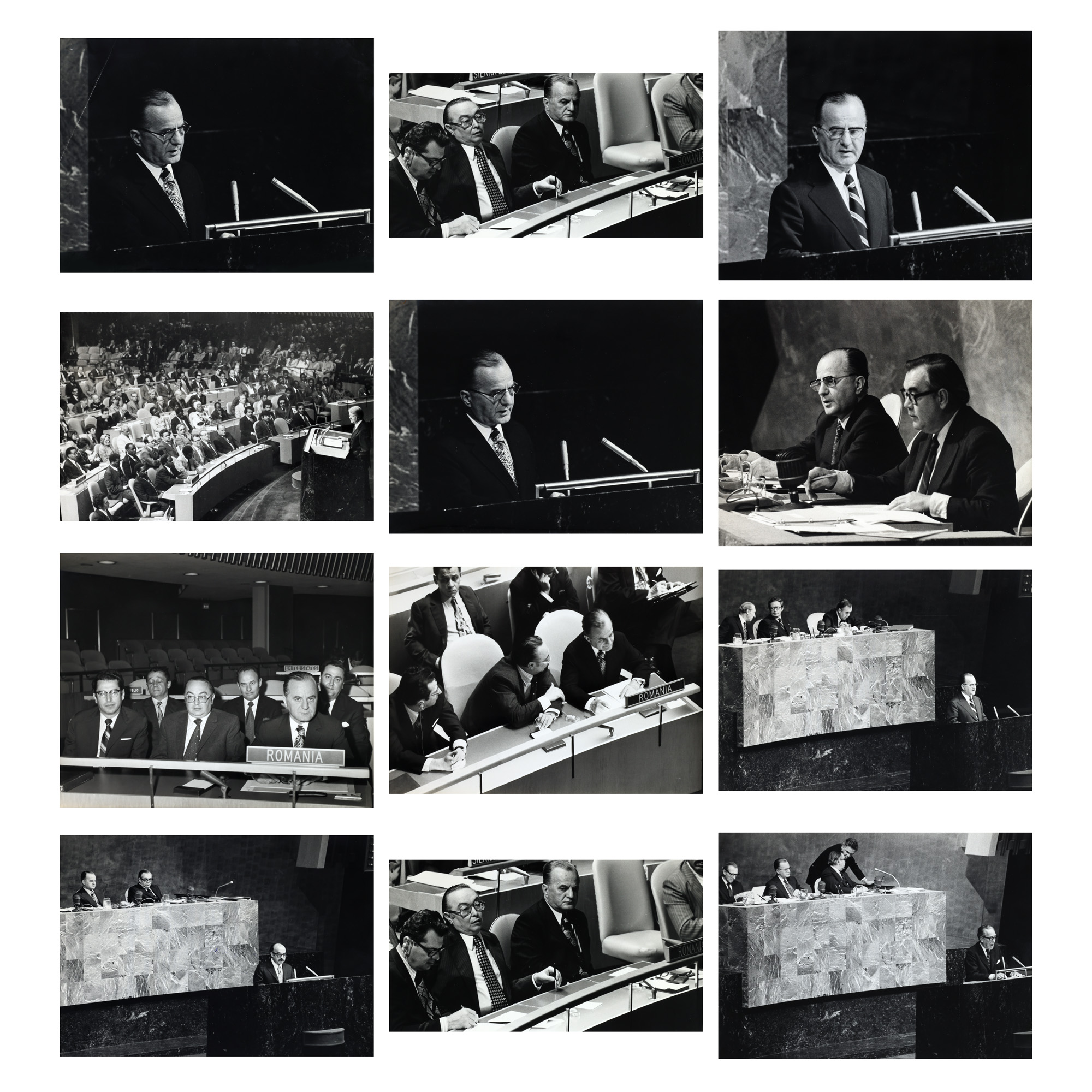 Lot consisting of 12 official photos illustrating the participation of the former Minister of Foreign Affairs George Macovescu in the United Nations sessions, New York, 1973-1977, originating from his archive