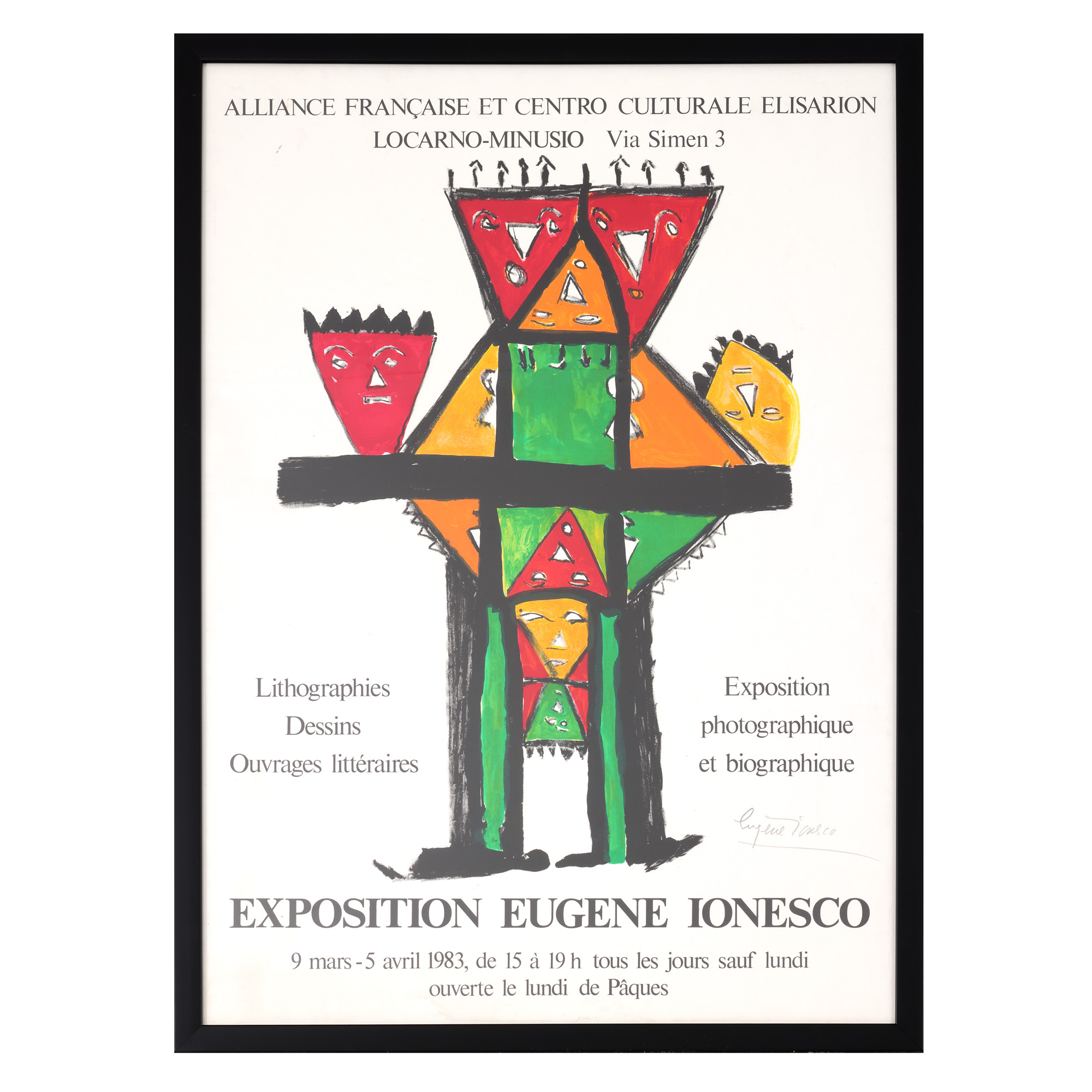 Eugène Ionesco exhibition poster, "Elisarion" Cultural Centre, Switzerland, 1983, with the artist's holographic signature