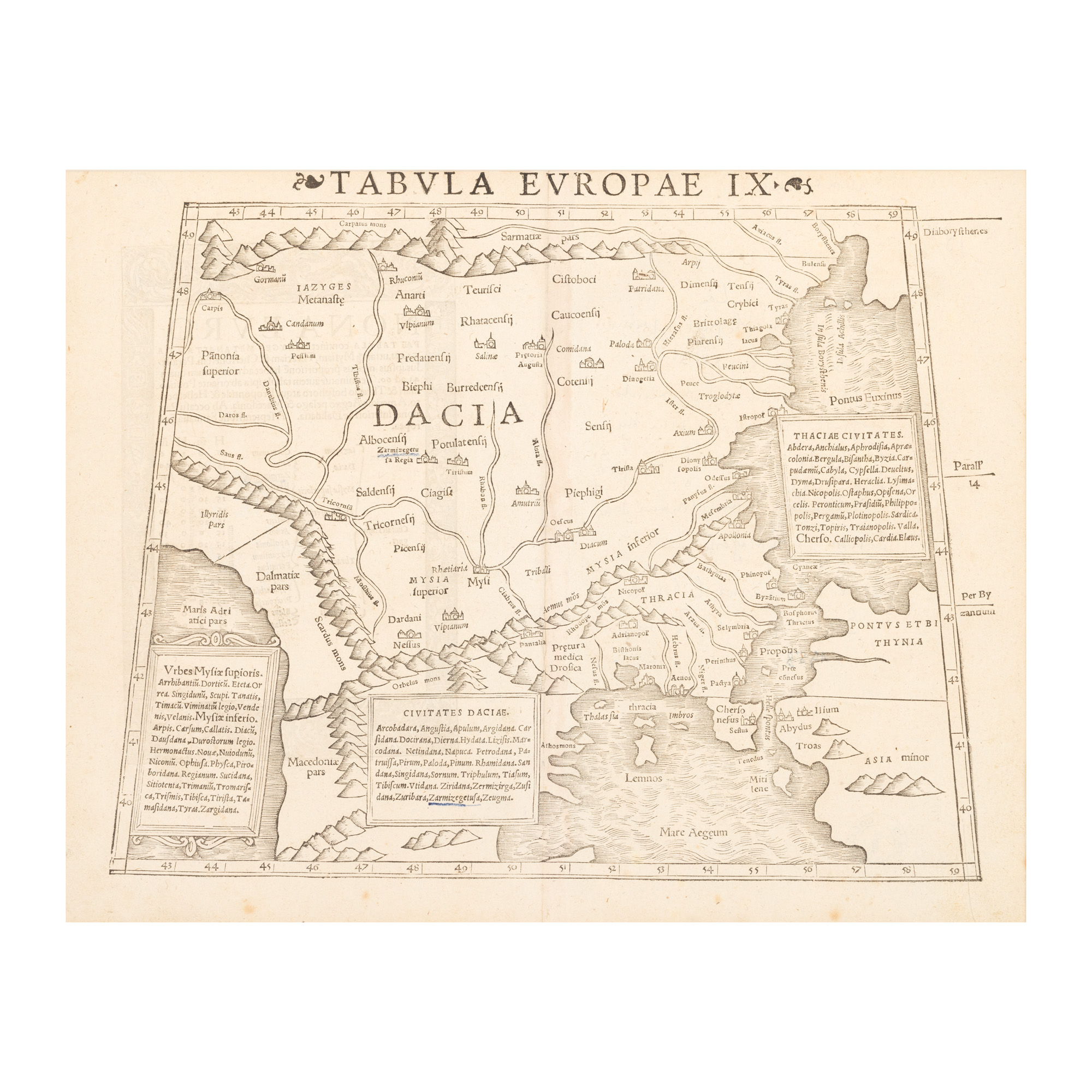 Hartă ”Dacia”, de Sebastian Münster, după ”Geografia lui Ptolemeu”, Basel, cca. 1550
