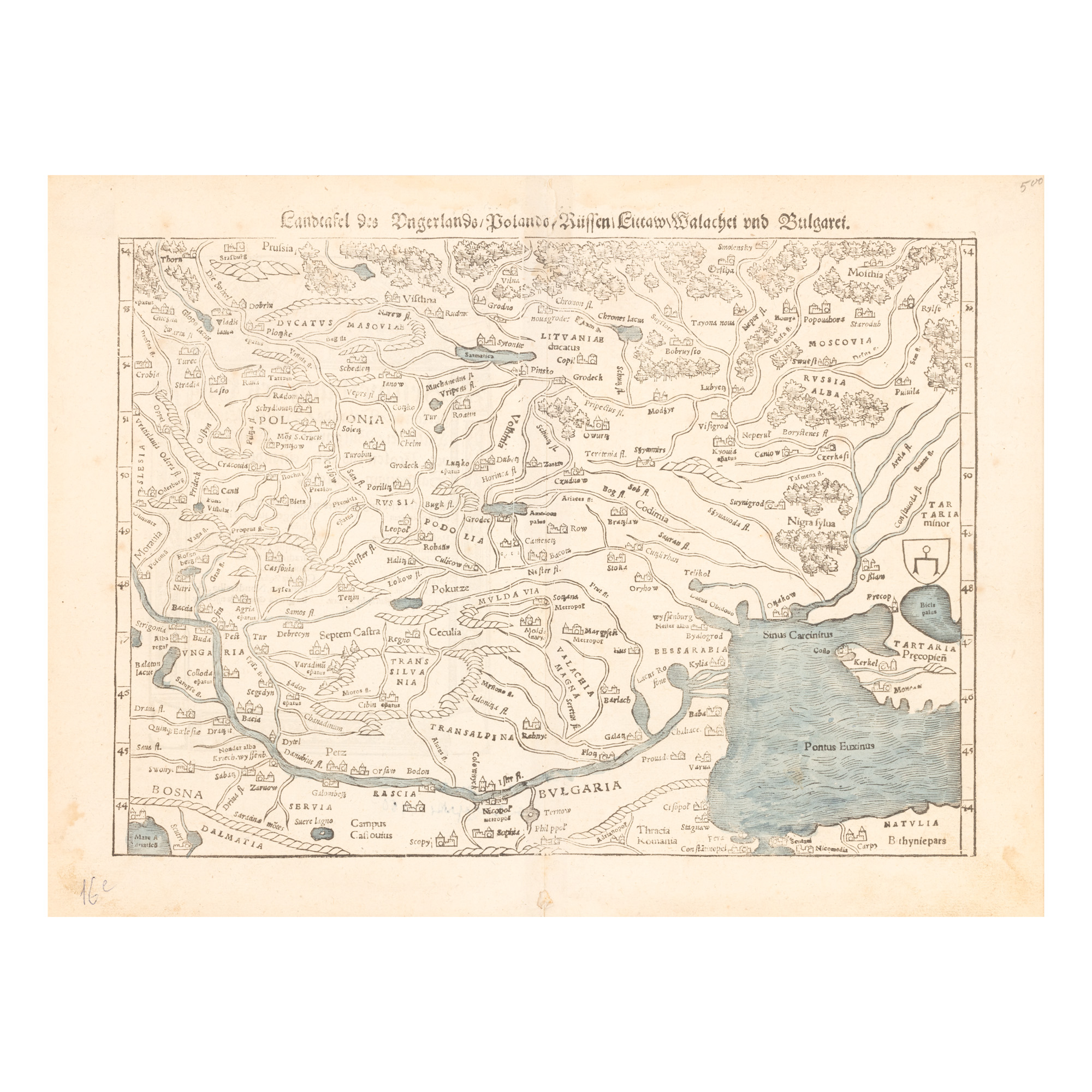Hartă ”Europa de Est” (include Principatele Române), de Sebastian Münster, Basel, 1574