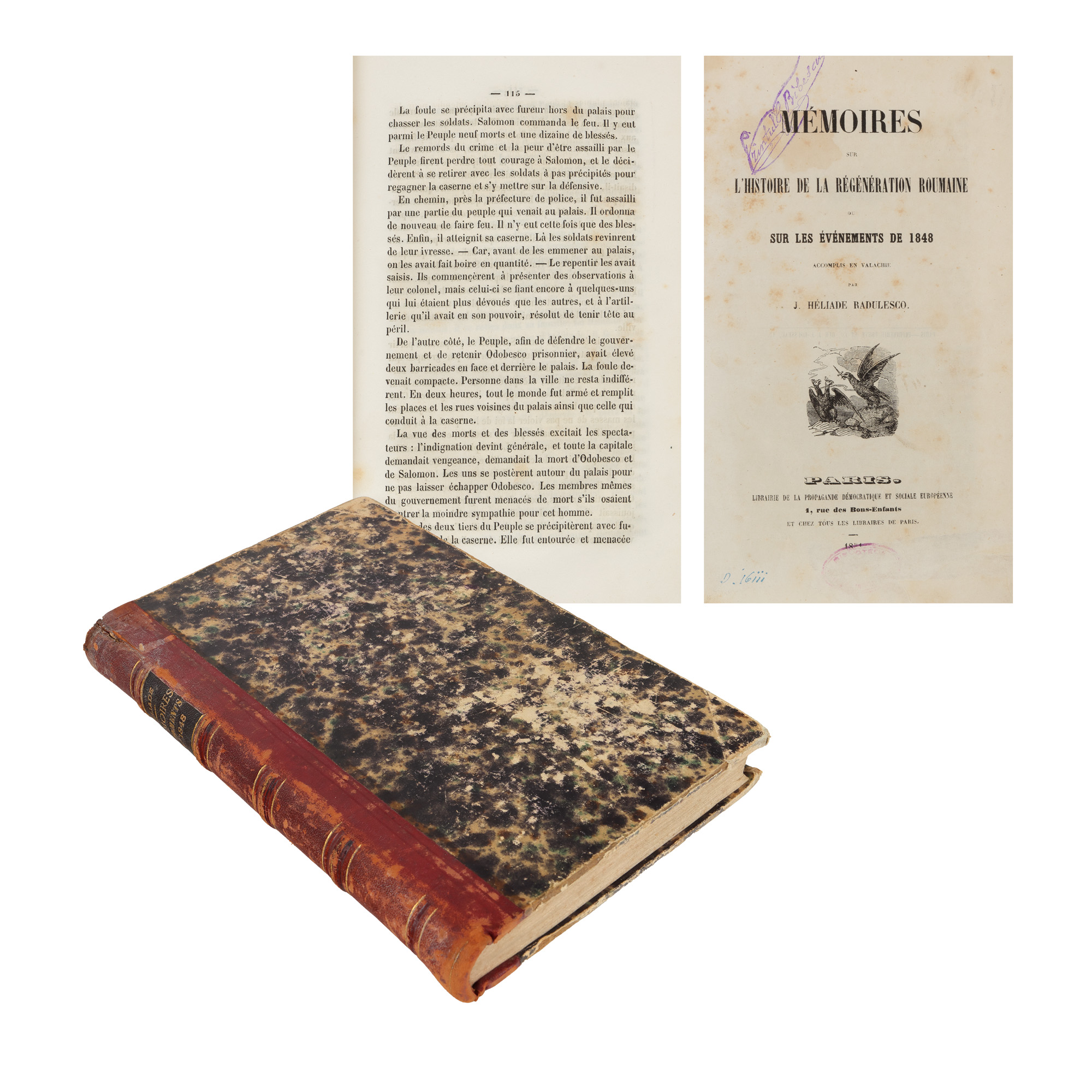 ”Memorii despre istoria Revoluției Românești”, de Ion Heliade-Rădulescu, Paris, 1851, cu ex-libris ”Prințul G. Bibescu”
