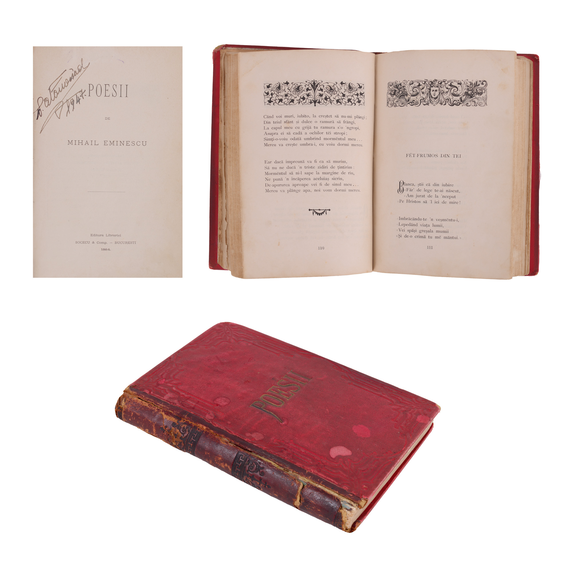 ”Poesii”, de Mihai Eminescu, ediție princeps, București, 1884, cu ex-libris și legătură de epocă, piesă de colecție