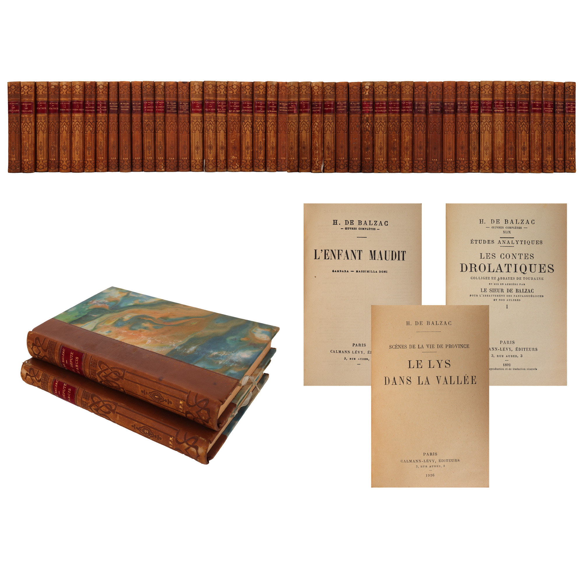 Opera completă a lui Honoré de Balzac, franceză, 46 volume, Paris, 1925-1926, exemplare bibliofile cu legătură Art Nouveau semnată de Jacob Feyns fiul, București