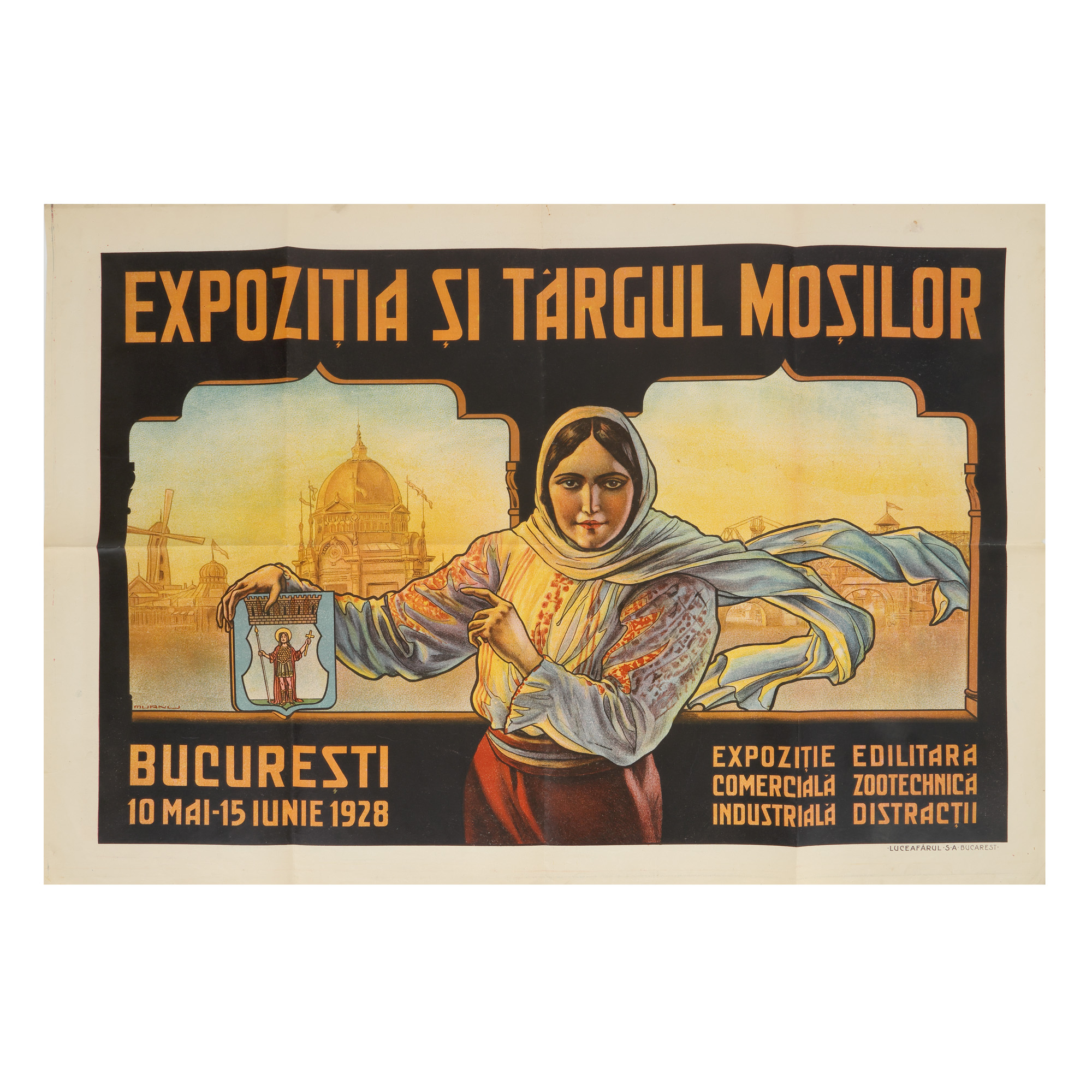 Splendid Poster "Exhibition and Fair of the Elders", by Ary Murnu, Bucharest, 1928, signed in print, comes from the Murnu family of artists collection