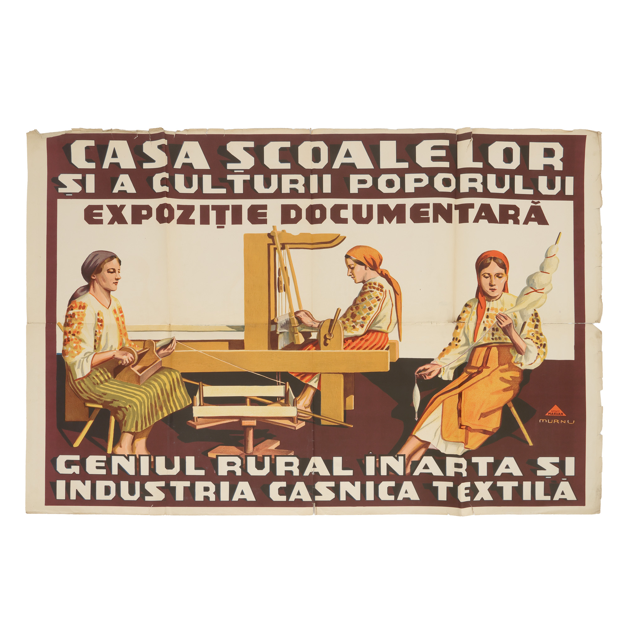 Splendid afiș ”Casa Școalelor și a Culturii Poporului/Expoziție Documentară”, de Ary Murnu, București, cca. 1929, semnat în tipar, provine din colecția familiei de artiști Murnu