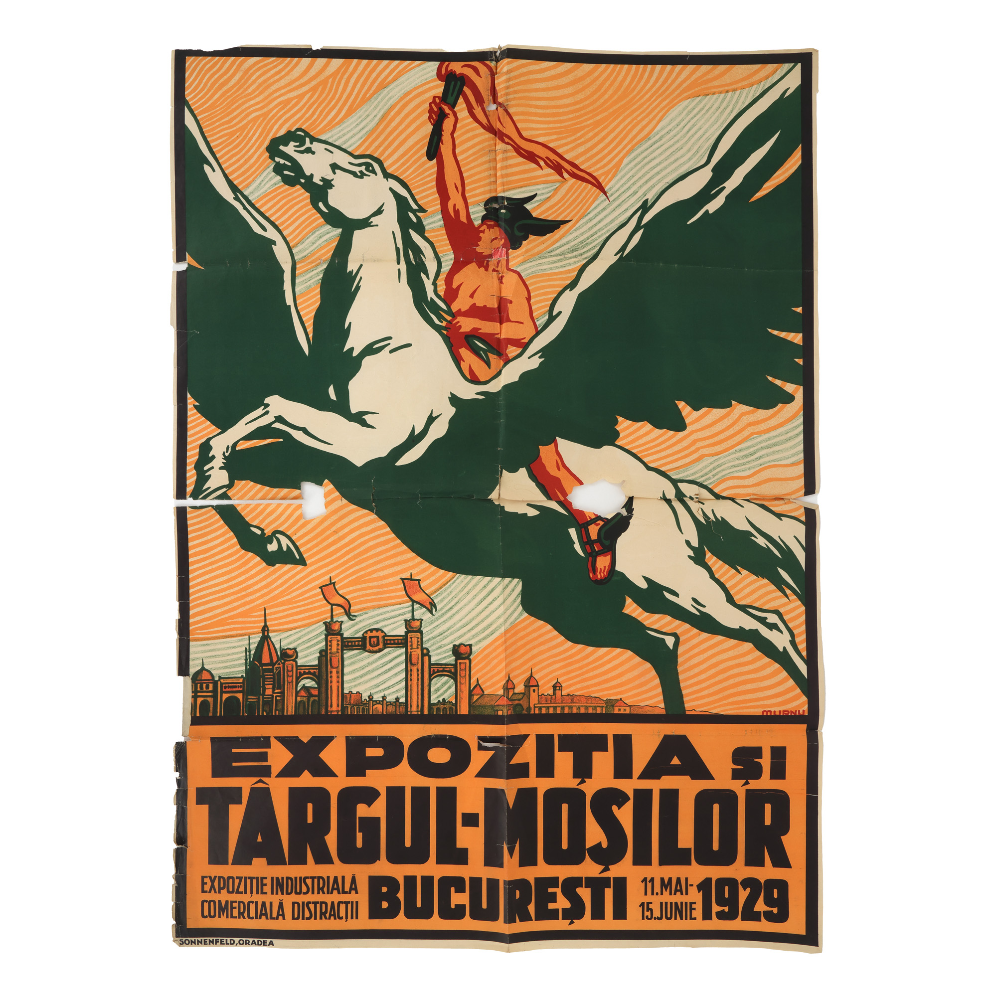 Spectaculos afiș ”Târgul-Moșilor”, de Ary Murnu, București, 1929, semnat în tipar, provine din colecția familiei de artiști Murnu
