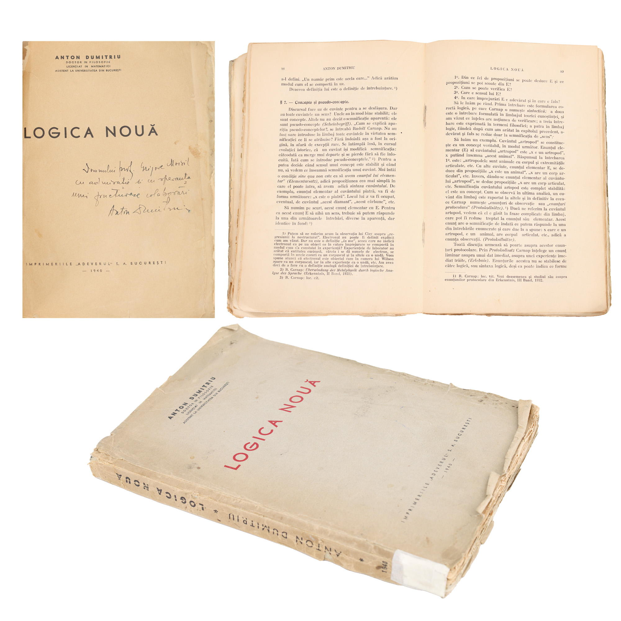 ”Logica nouă”, de Anton Dumitriu, București, 1940, cu dedicație pentru matematicianul Grigore Moisil și semnătura olografă a autorului