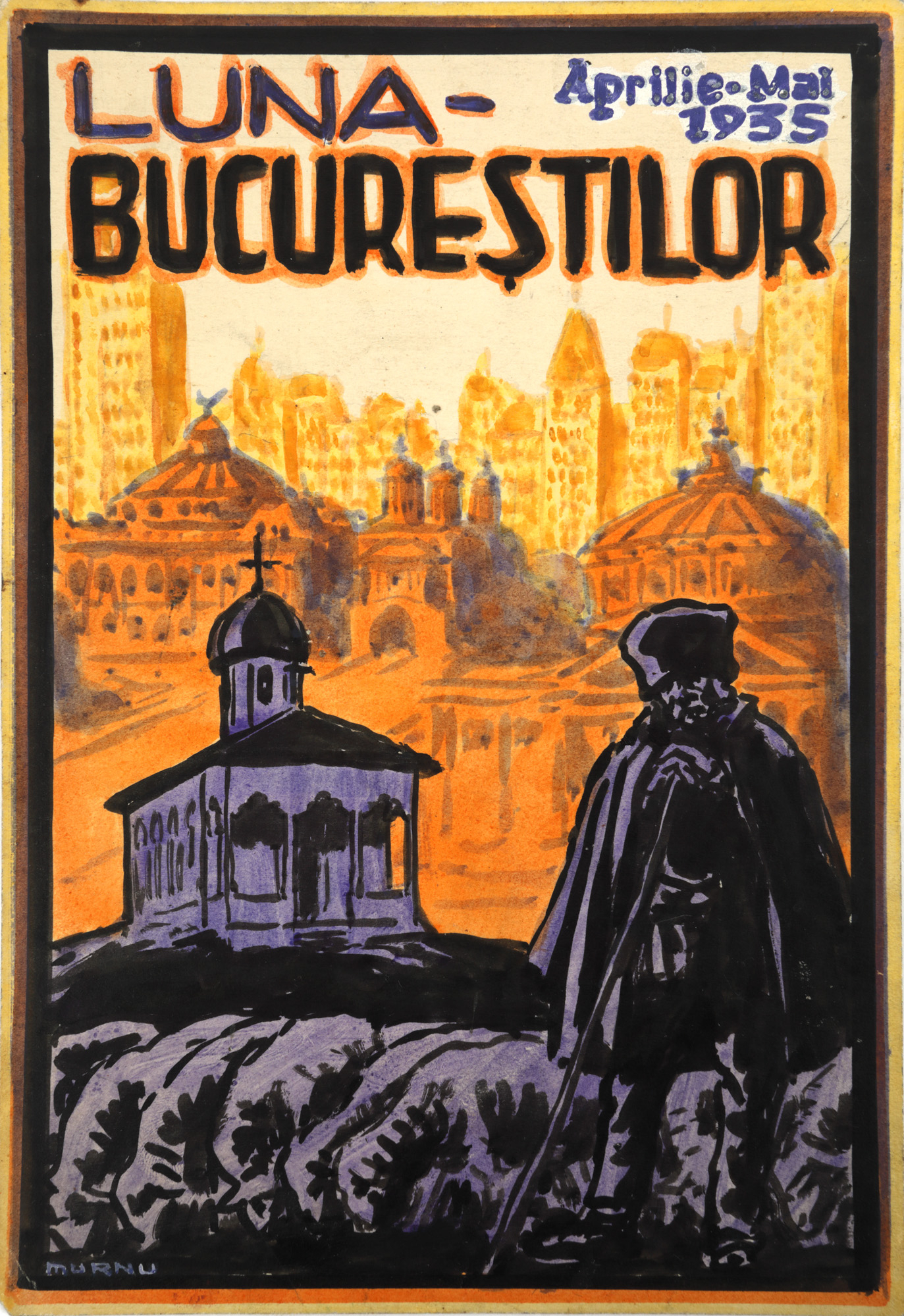 Original Model of the poster "Moon of Bucharest", made by Ary Murnu, 1935, collection item, from the Murnu artist family collection