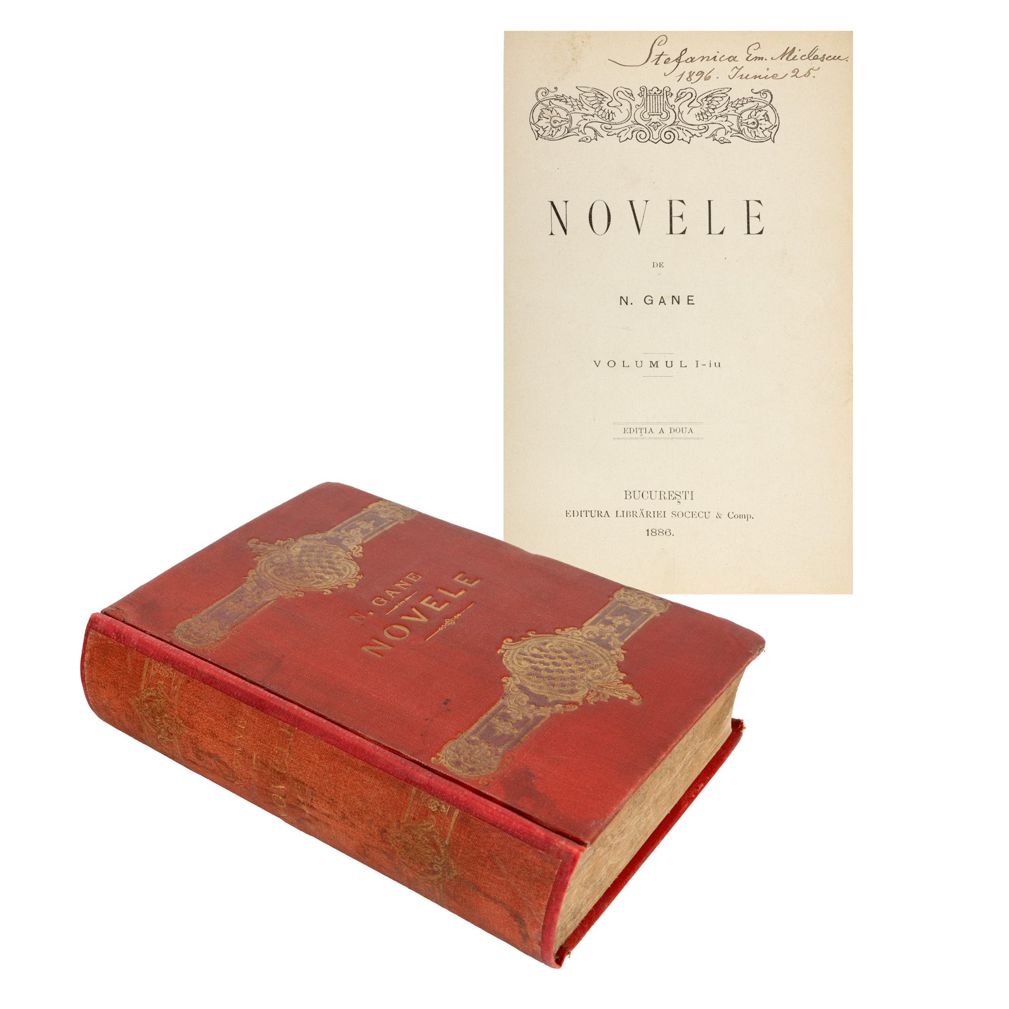 ”Novele”, de Nicolae Gane, colegat de trei volume, București, 1886, cu legătura editorială originală și ex-libris