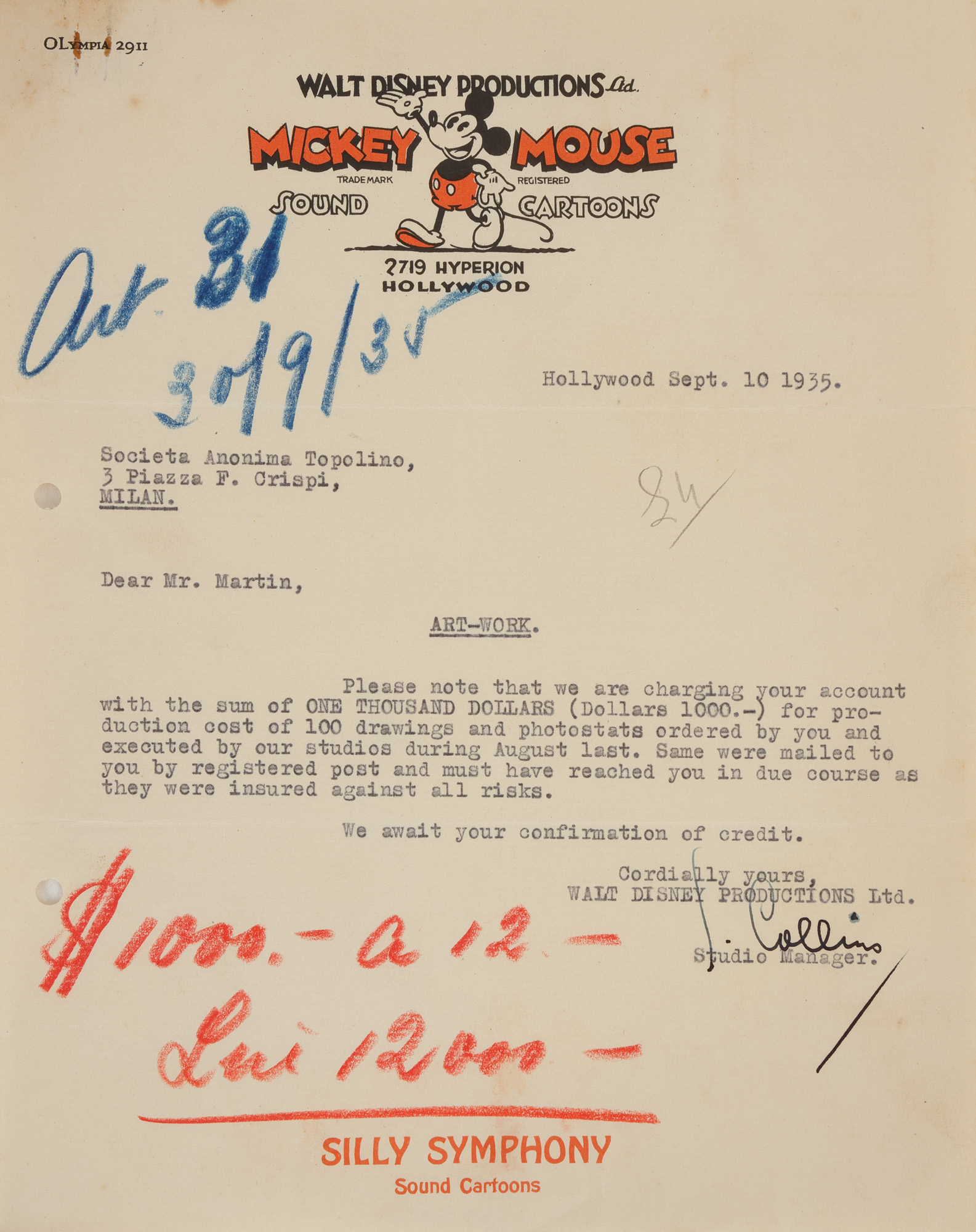 Walt Disney Studios, Scrisoare de afaceri trimisă de către S. Collins, manager al studiourilor Walt Disney, Hollywood, 1935, semnată olograf