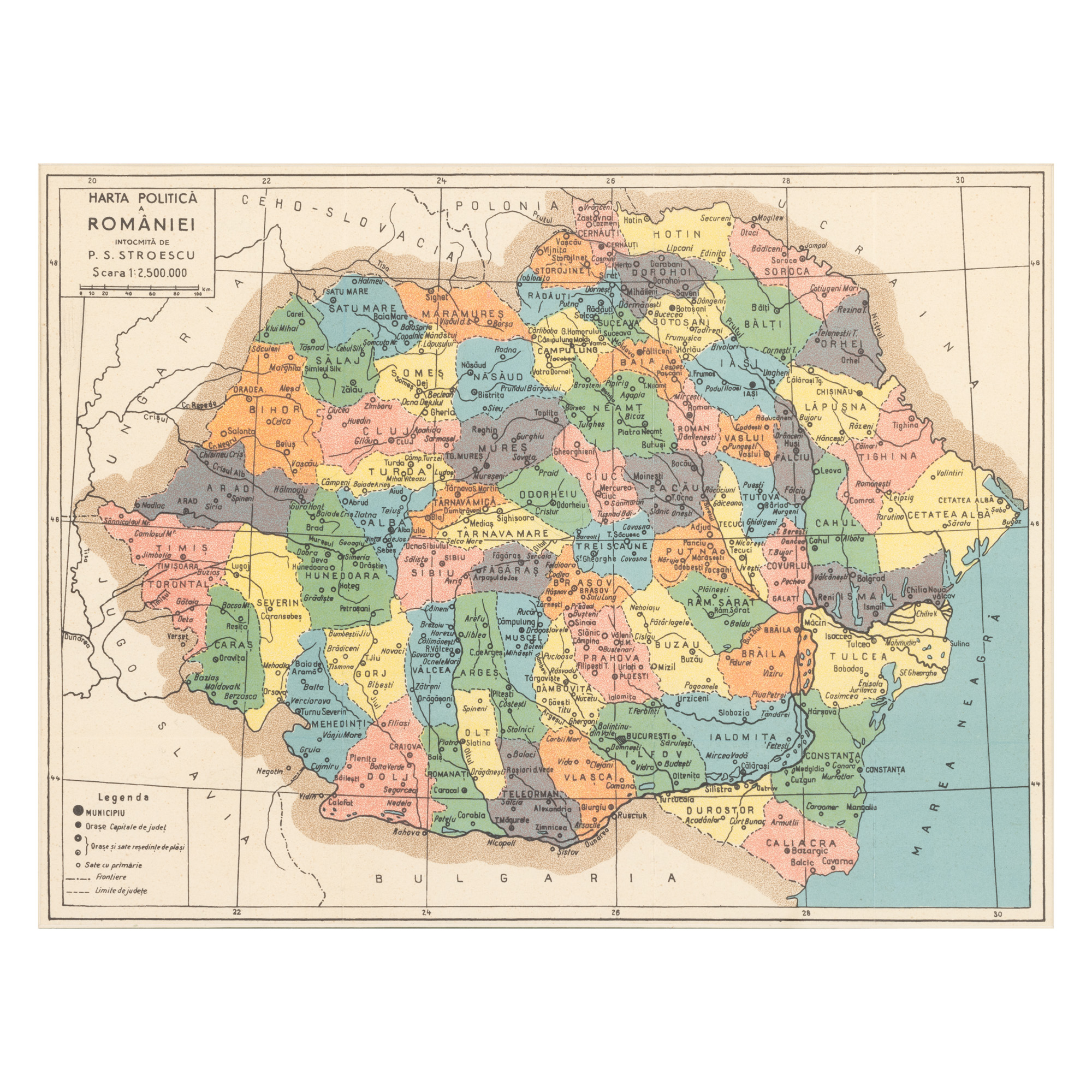 Harta politică a României Mari întocmită de P.S. Stroescu, cca. 1920
