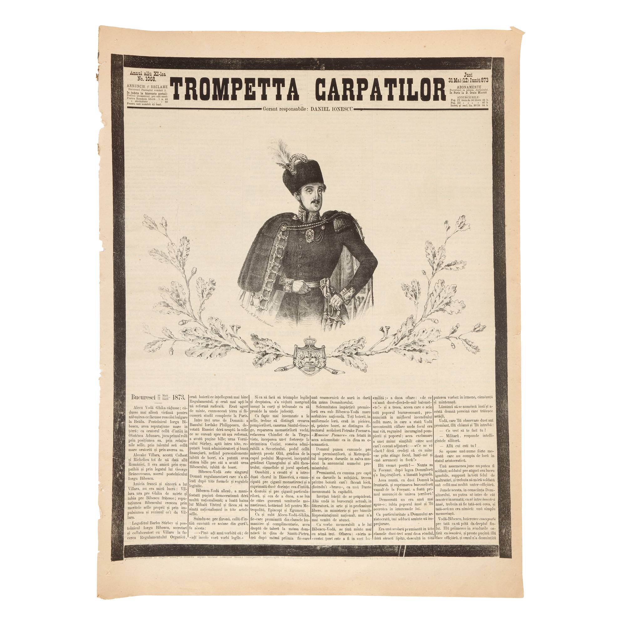 Ziarul ”Trompeta Carpaților”, 31 mai/12 iunie 1873, număr dedicat domnitorului Gheorghe Bibescu