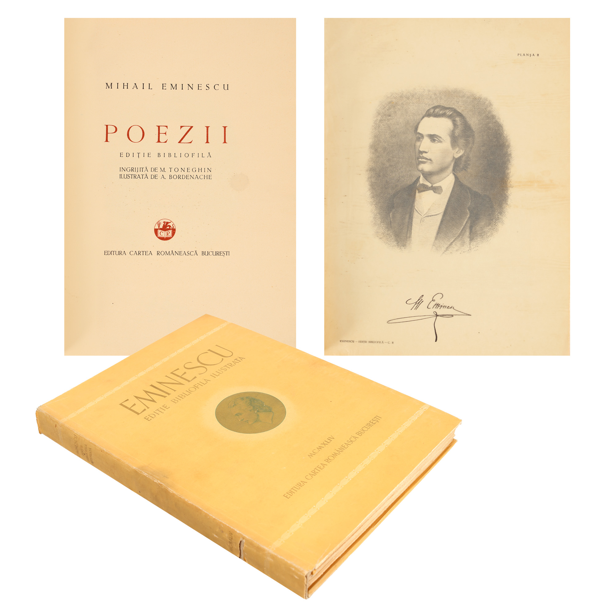 ”Poezii”, de Mihai Eminescu, București, 1944, ediție bibliofilă, exemplar numerotat 893/2000, cu etui