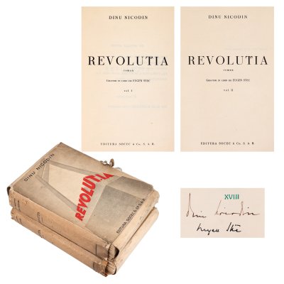 "Revolution", by Dinu Nicodin, two volumes, Bucharest, 1938, bibliophile copy, uncut, with handwritten signature of the author