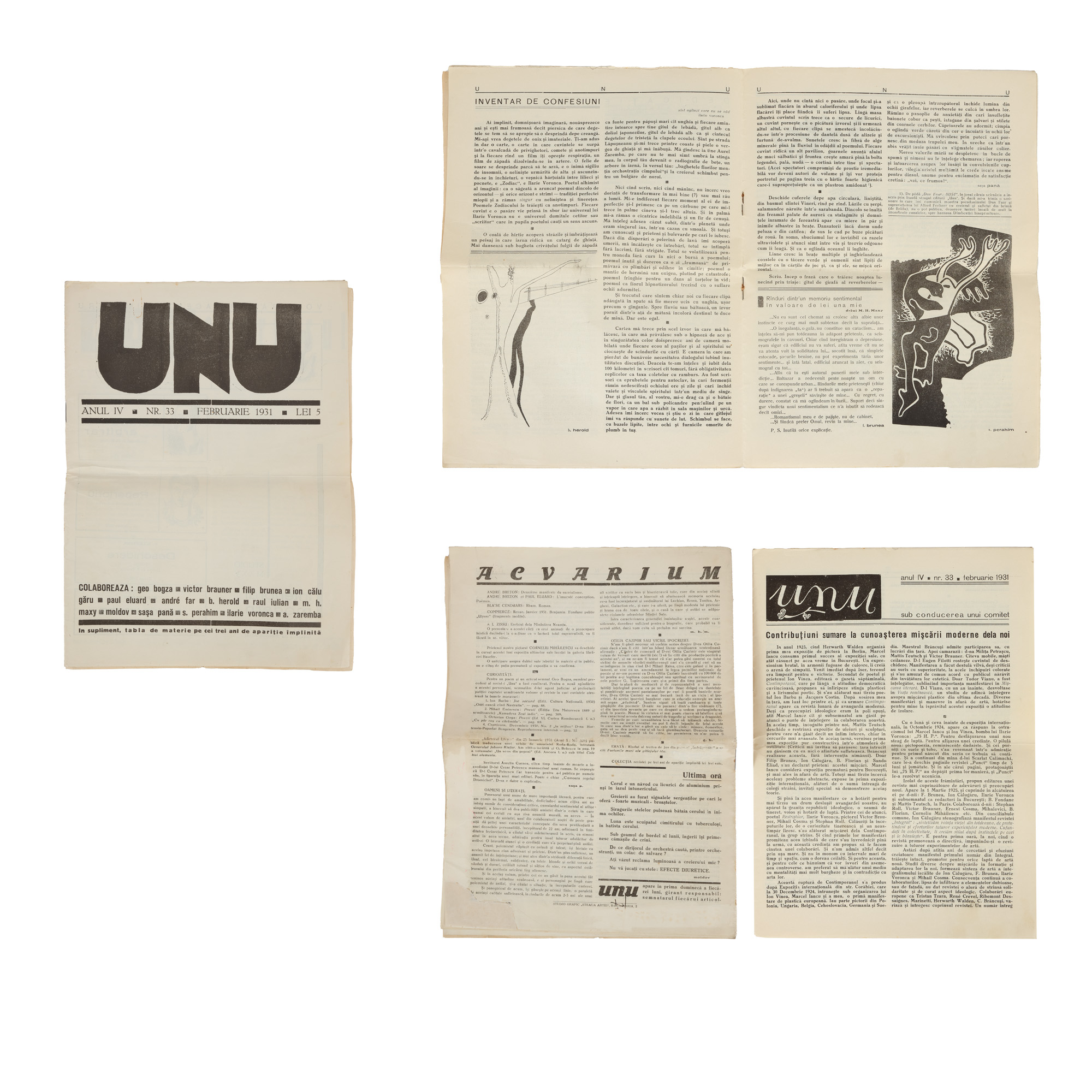 Lot format din revista ”unu”, anul IV, numărul 33, februarie 1931, alături de catalogul numerelor de la 1 la 32 pe anii 1928-1930, raritate bibliofilă
