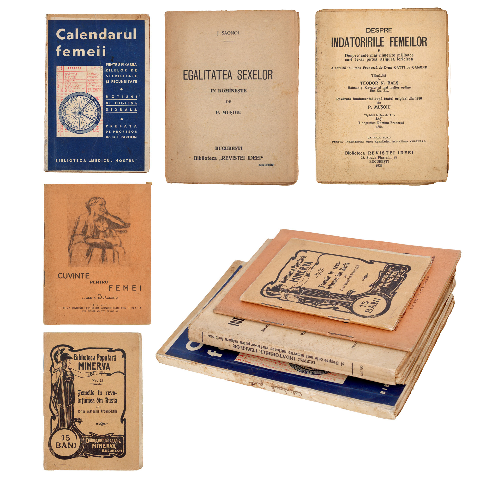 Lot consisting of "The Women's Calendar", "About Women's Duties", "Gender Equality" by J. Sagnol, "Words for Women" by Eugenia Rădăceanu and "Women in the Russian Revolution" by Ecaterina Arbore-Ralli, Bucharest, 1906-1939, with ex-libris, coming from the Sașa Pană collection.