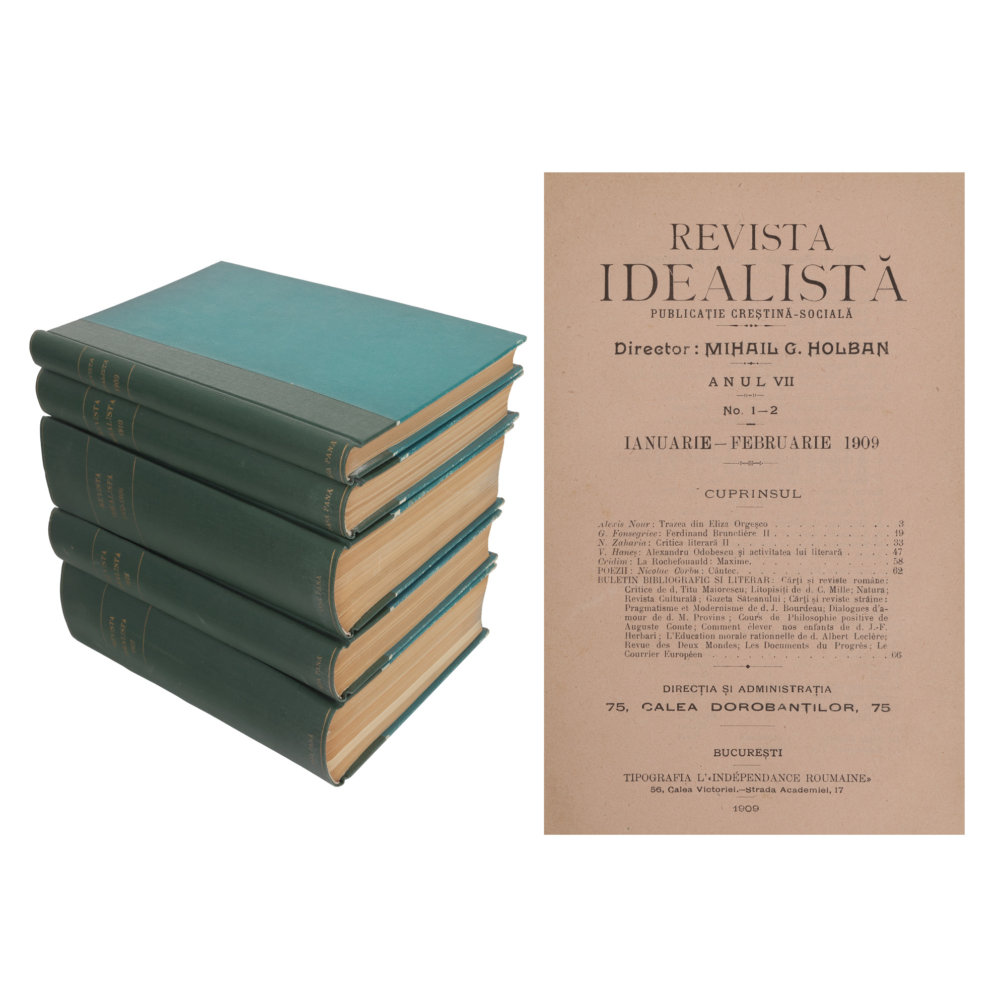 ”Revista idealistă”, de Mihail G. Holban, 5 volume, colegate, București, 1905-1910, cu ex-libris, provine din colecția Sașa Pană