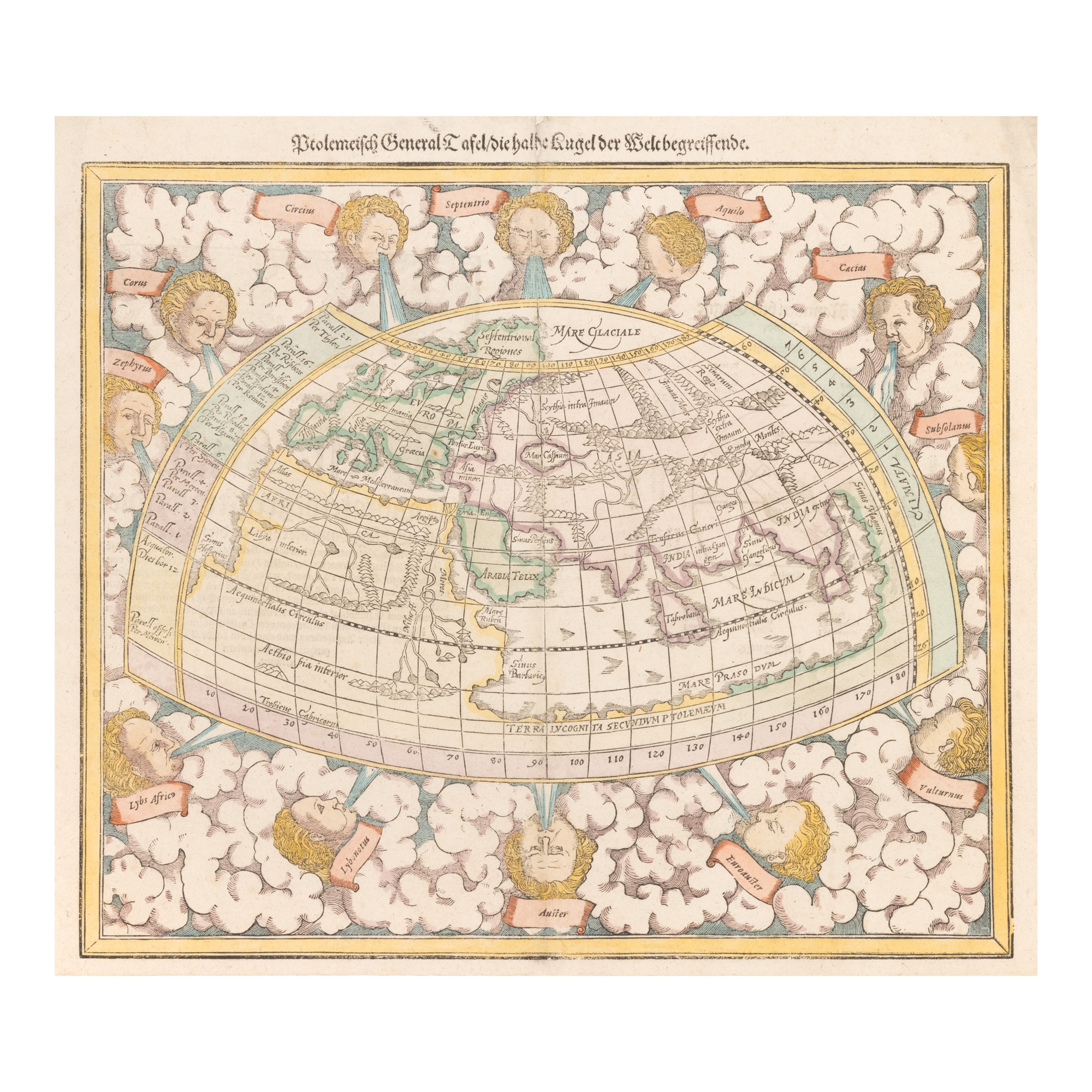 Hartă ”Lumea anticilor, inspirată de geografia lui Ptolemeu”, de Sebastian Münster, Basel, 1588, piesă rară, de colecție