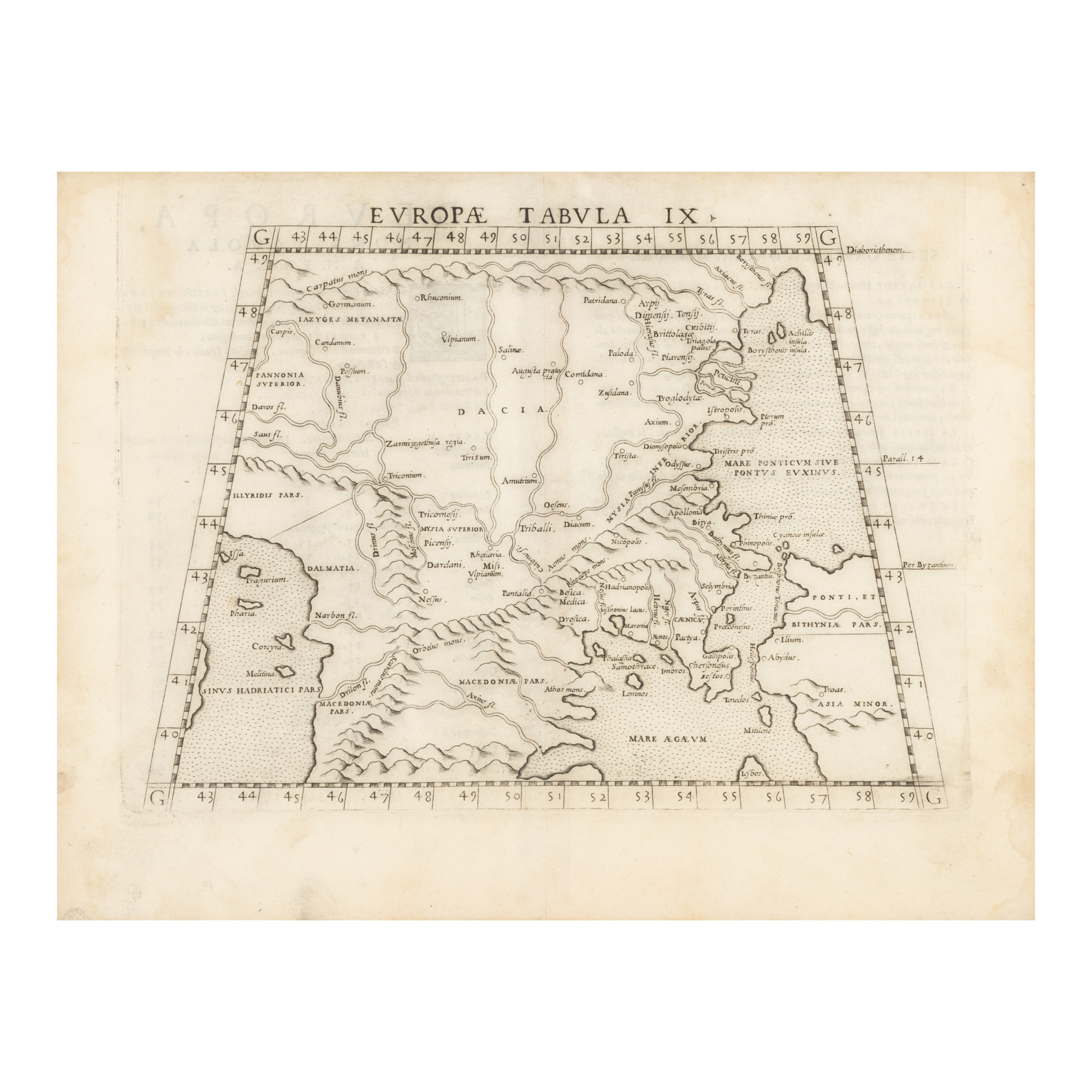 Hartă ”Dacia”, de Girolamo Ruscelli, după ”Geografia lui Ptolemeu”, Veneția, cca. 1588