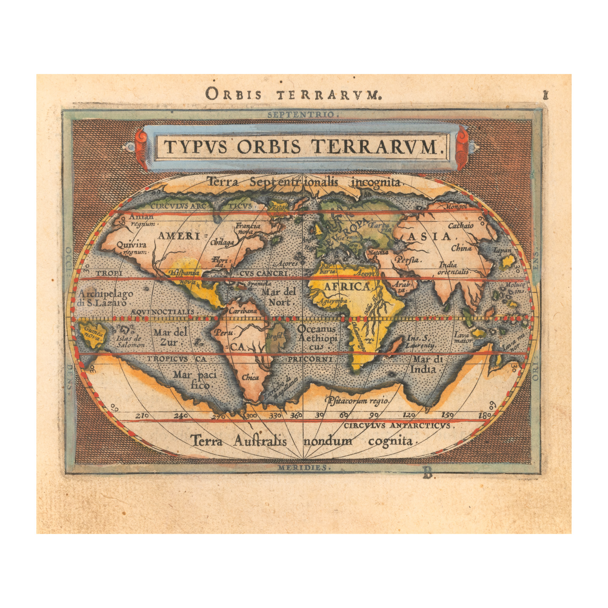 Harta lumii (planiglob), ”Typus Orbis Terrarum”, de Abraham Ortelius, ediția Orbis Terrarum, Anvers, mijlocul sec. XVIII