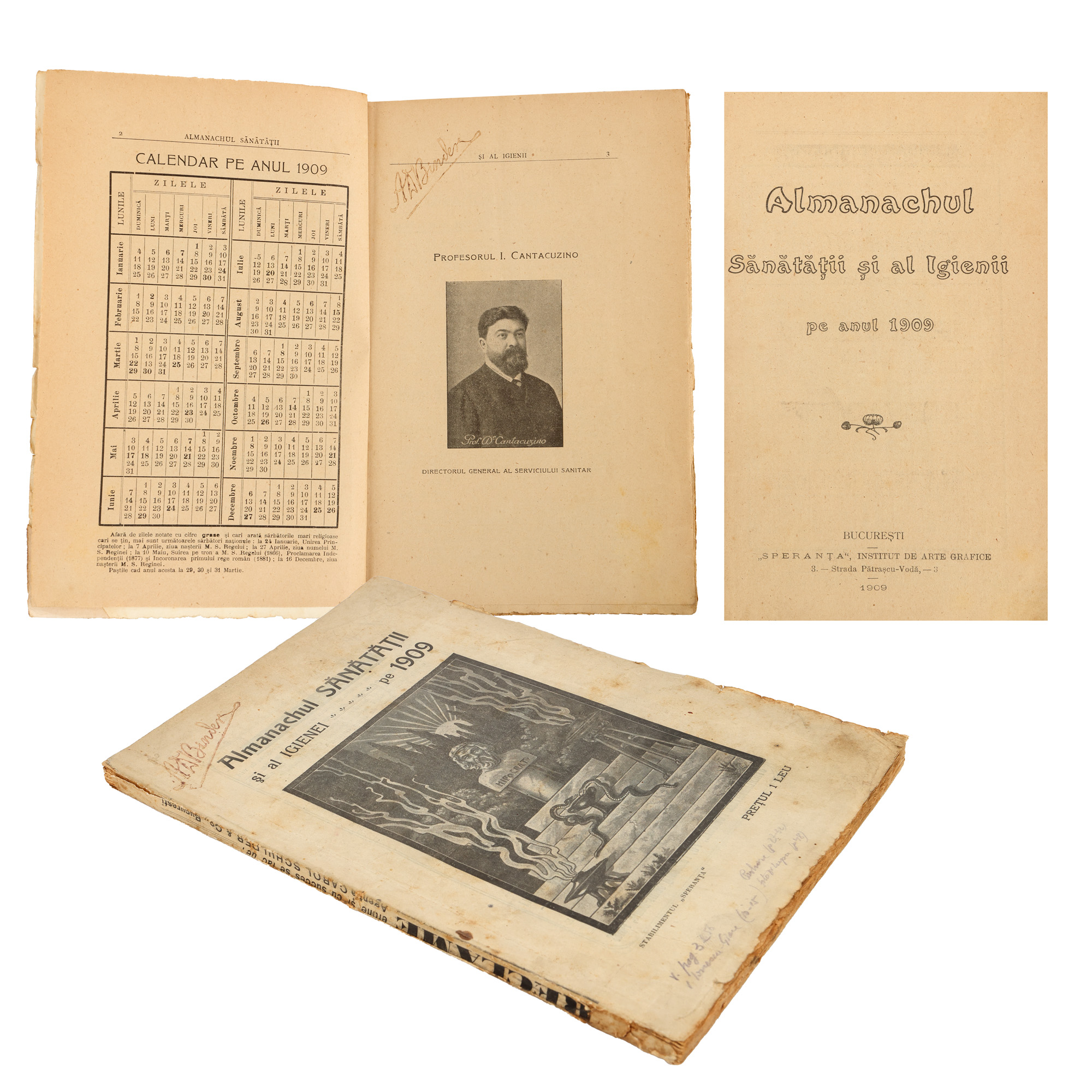"Almanac of health and hygiene for the year 1909", Bucharest, 1909, with ex-libris, comes from the Sașa Pană collection