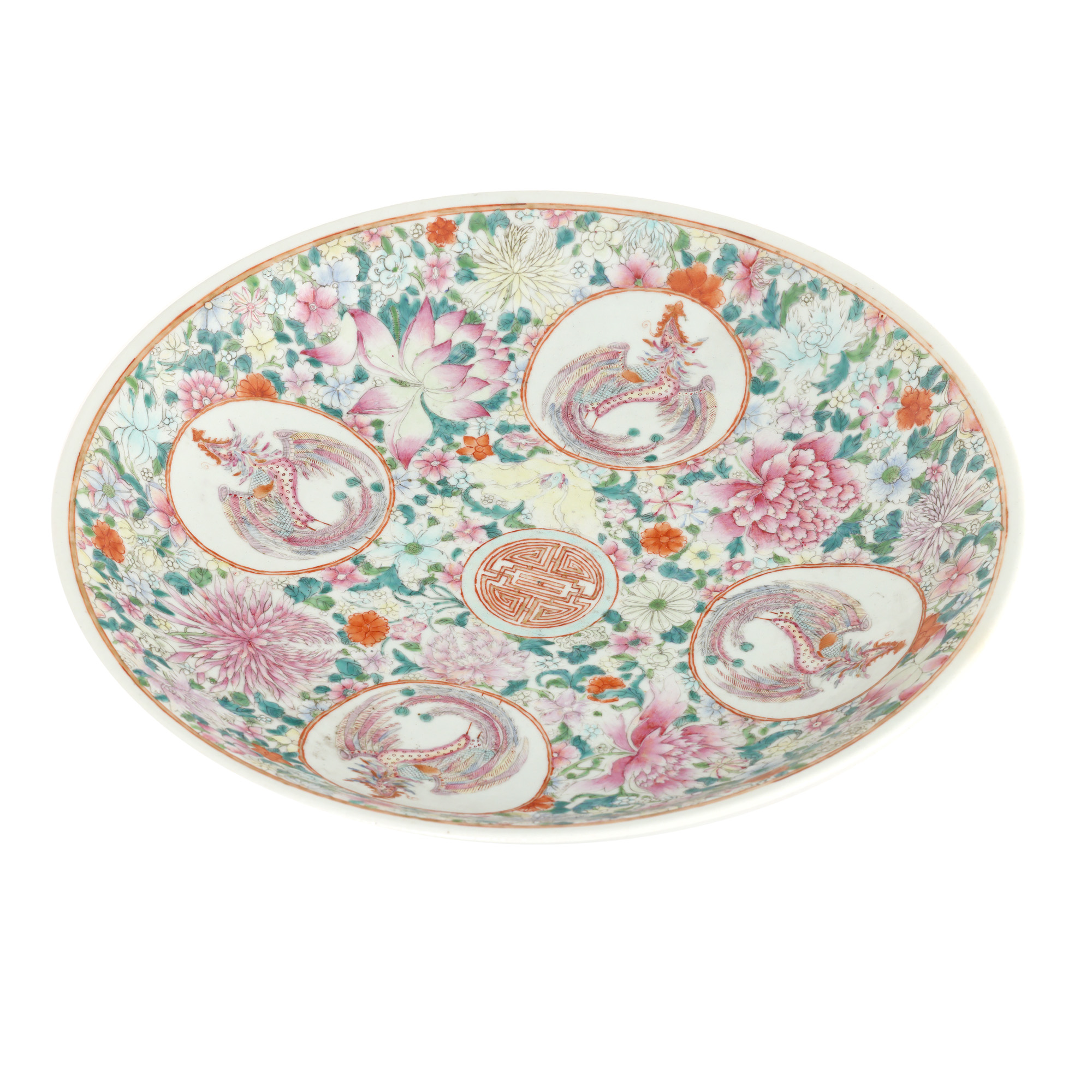 Famille Rose Porcelain Plate, decorated with phoenix birds, chrysanthemums and lotuses, Qing Dynasty, end of the 19th-beginning of the 20th century