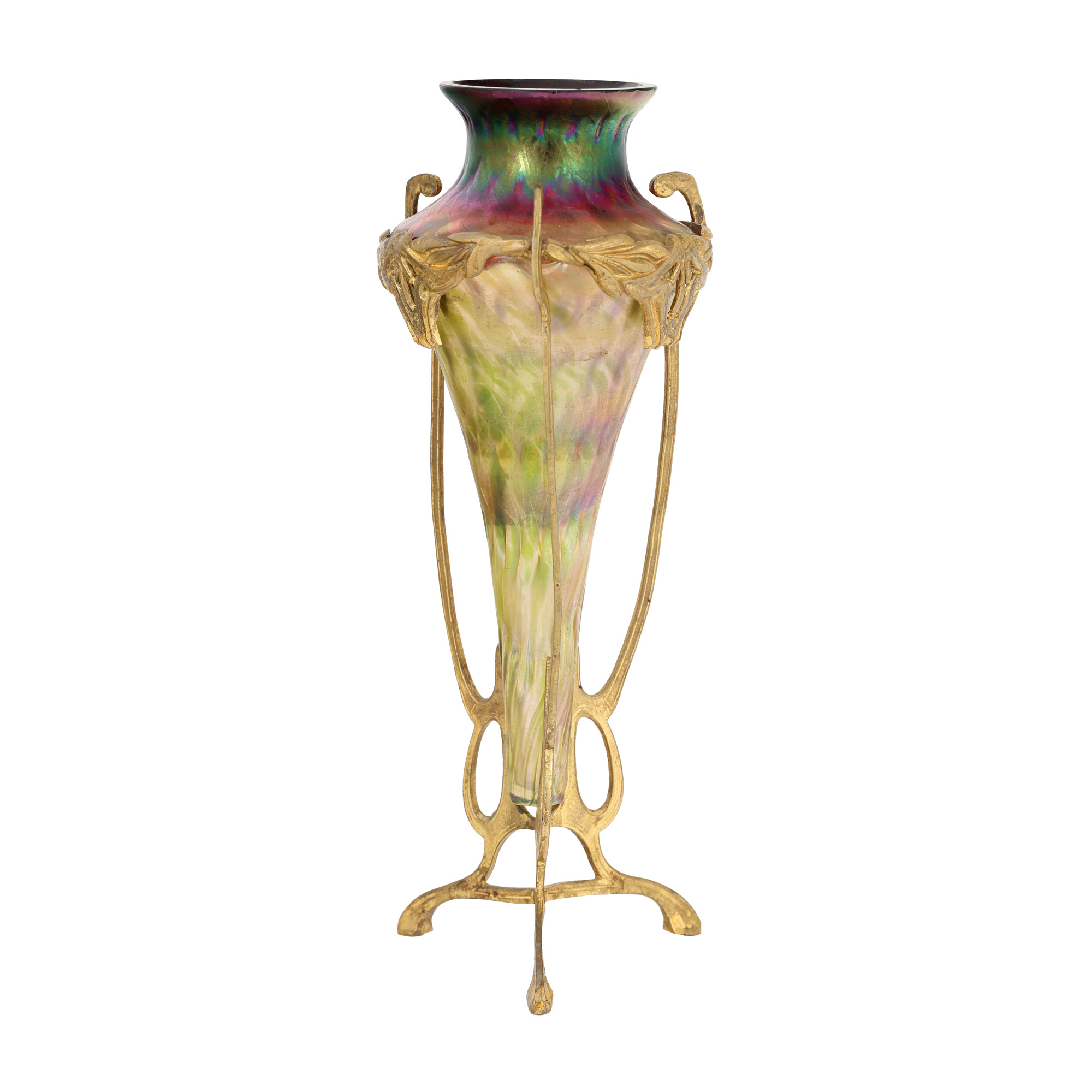Solifloră Art Nouveau, din sticlă iridescentă, decorată cu montură din bronz, cca. 1900