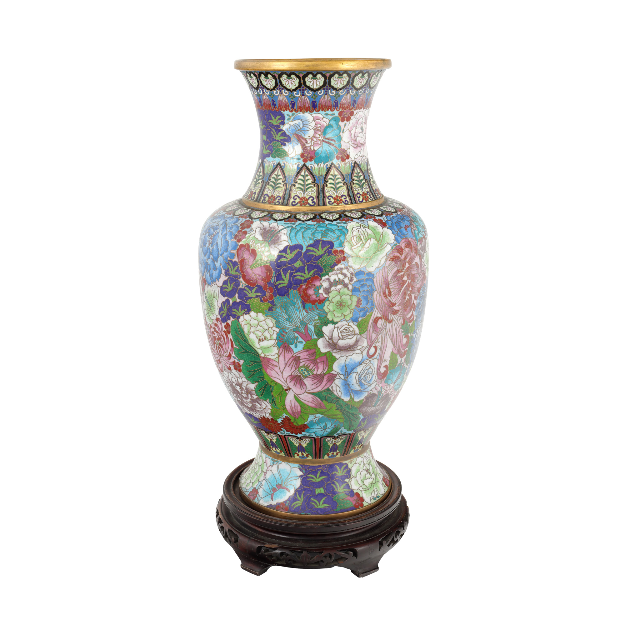 Vază cloisonné din alamă, decorată cu crizanteme, China