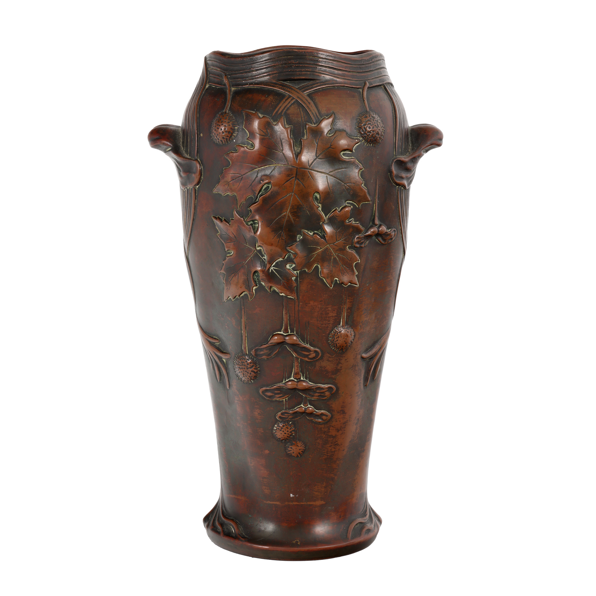 Vază Art Nouveau din bronz, atribuită Gustave de Bruyn, decorată cu motive vegetale, începutul sec. XX