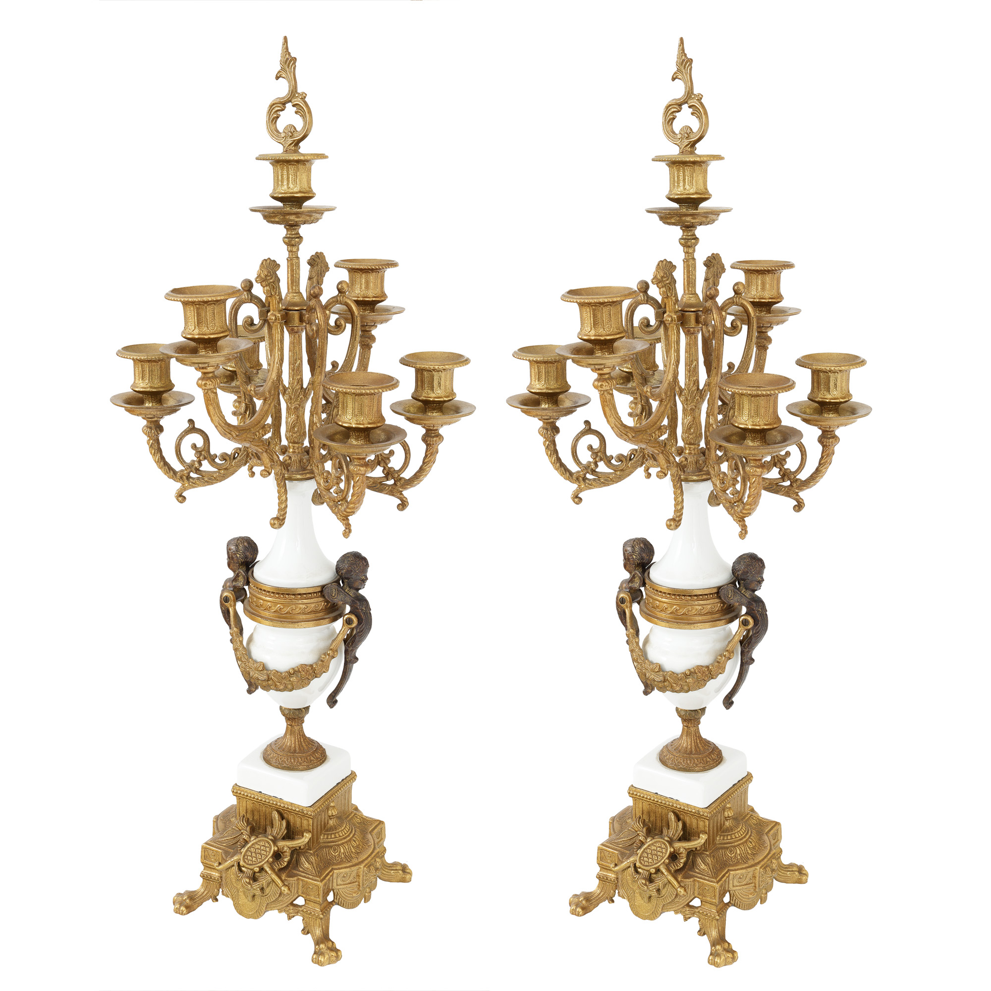 Pereche de sfeșnice Louis XVI, pentru șemineu, din bronz și ceramică, prima jumătate a sec. XX