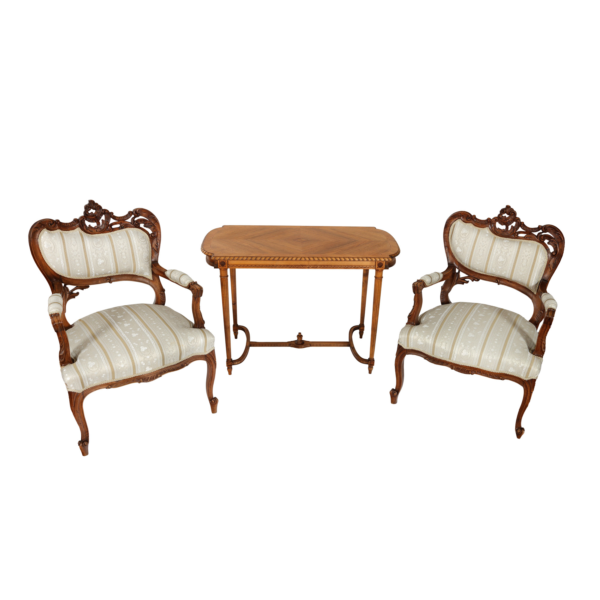 Louis XVI style table set and two Louis Philippe armchairs, approx. 1900