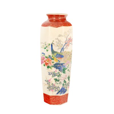 Octagonal ceramic vase, decorated with peacocks and flowers, Japan, first half of the 20th century
