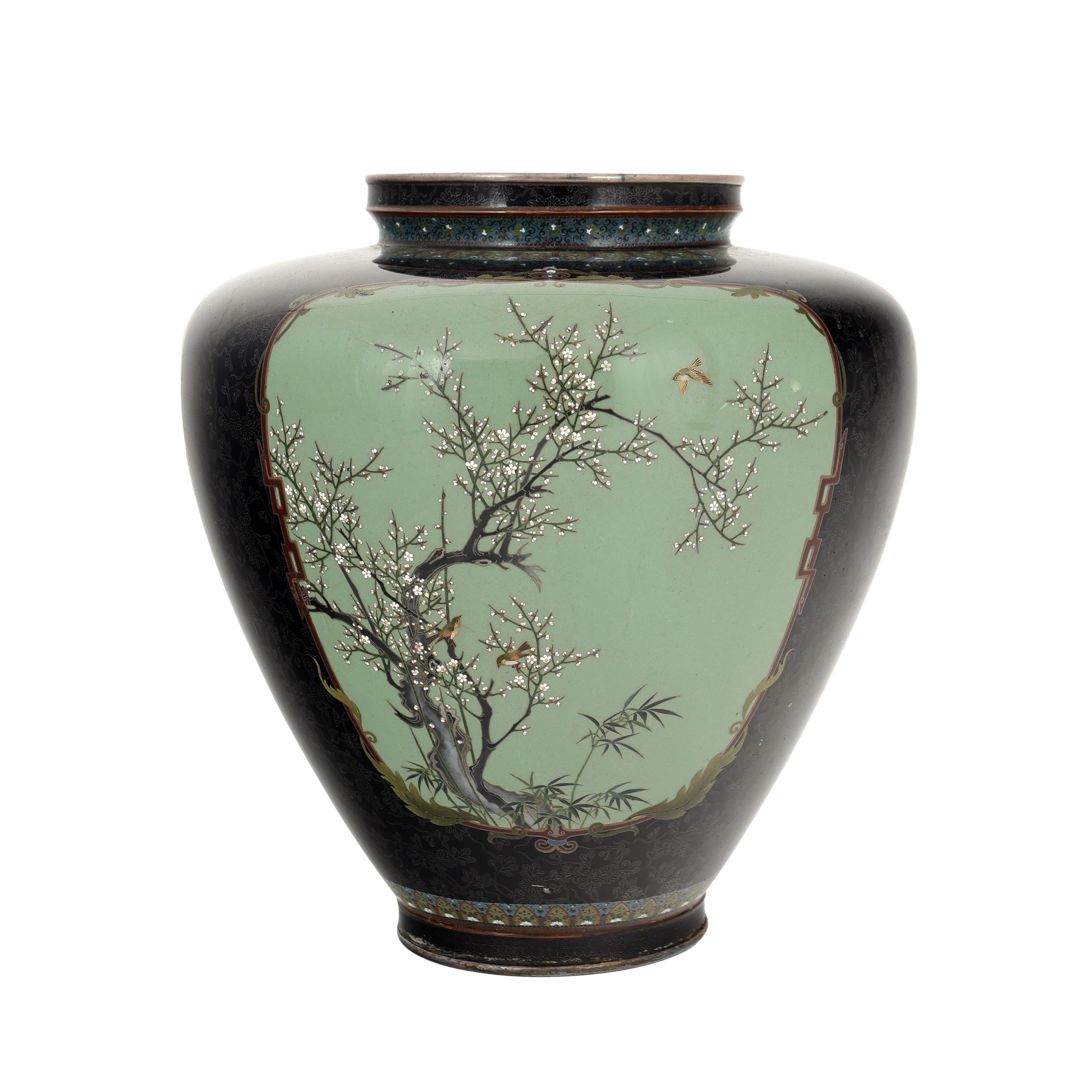 Elegant vas japonez din bronz, decorat cu email cloisonne și pictat cu email, perioada Meiji, Japonia, cca. 1868-1912