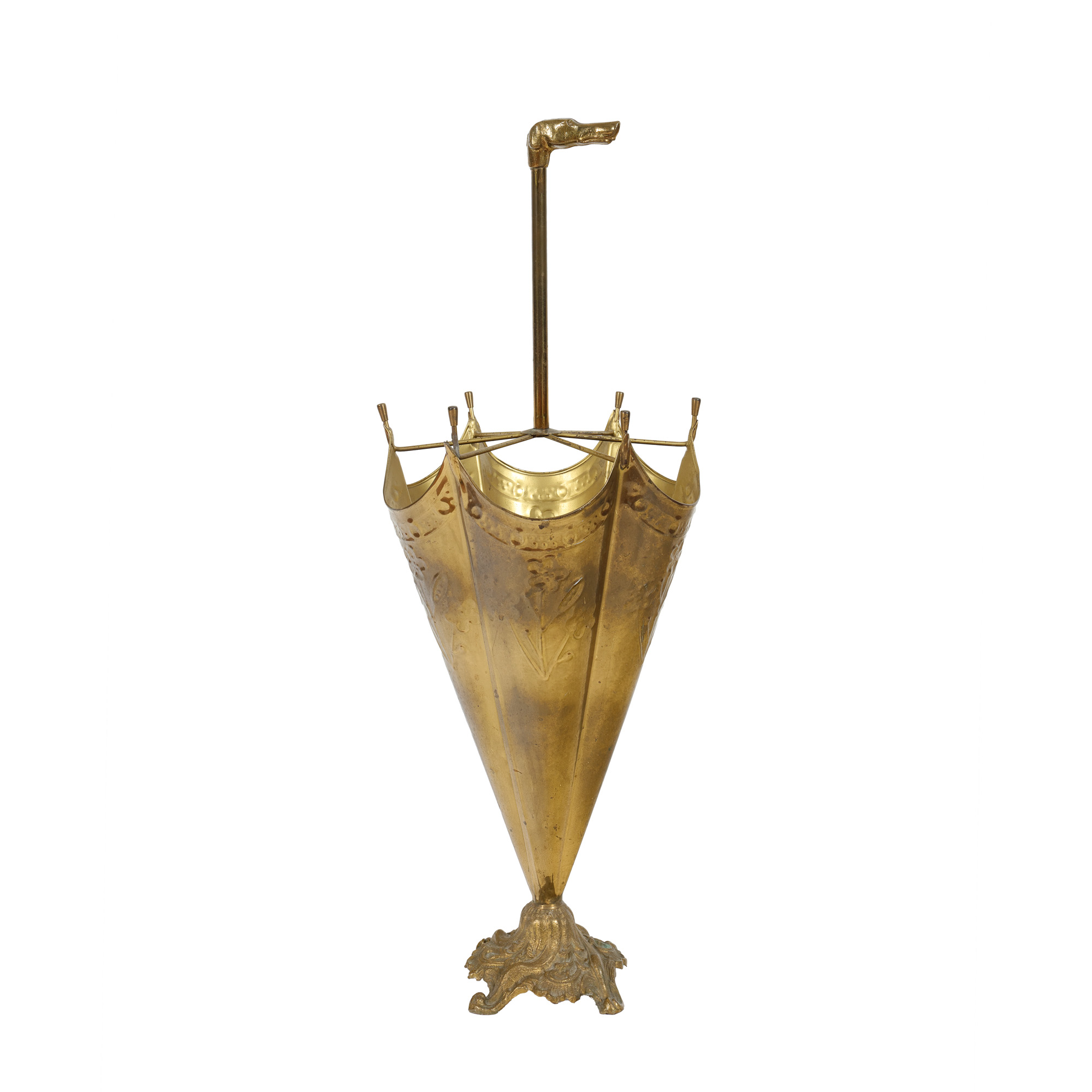 Brass umbrella stand, decorated with a Dachshund head, early part of the 20th century
