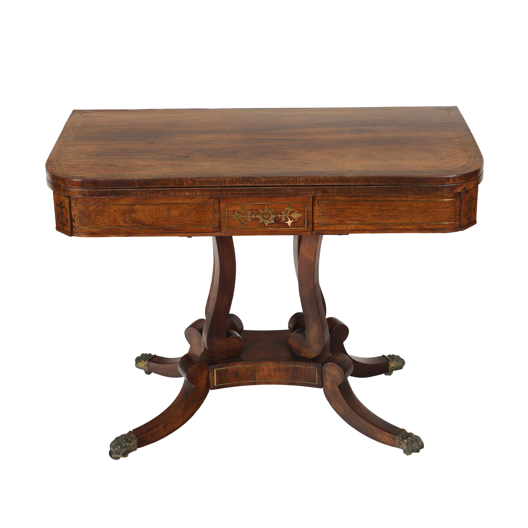 Biedermeier table, made of walnut wood, foldable, for board games, adorned with bronze inlays, end of the 19th century.