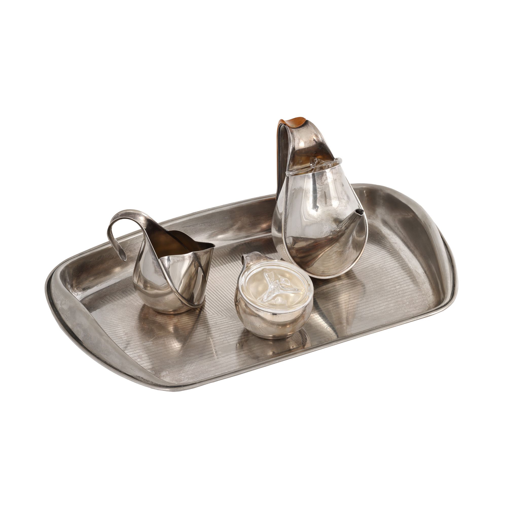 Elegant set pentru cafea Alessi, format din cafetieră, zaharniță, letieră și tavă, mijlocul sec. XX
