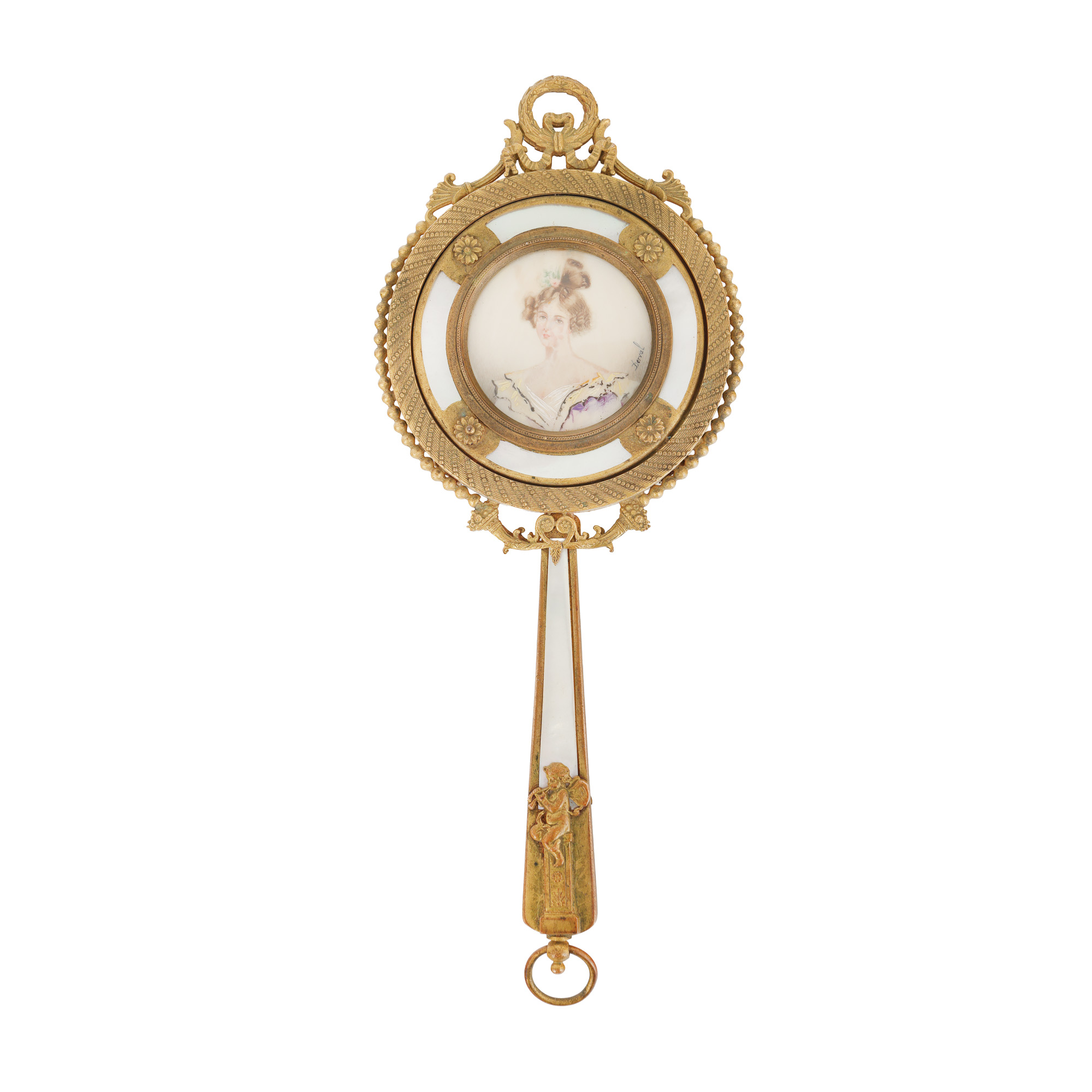 Oglindă Louis XVI, din bronz aurit și sidef, decorată cu pictură în miniatură pe fildeș, semnată ”Derval”, putti și cornul abundenței, sfârșitul sec. XIX
