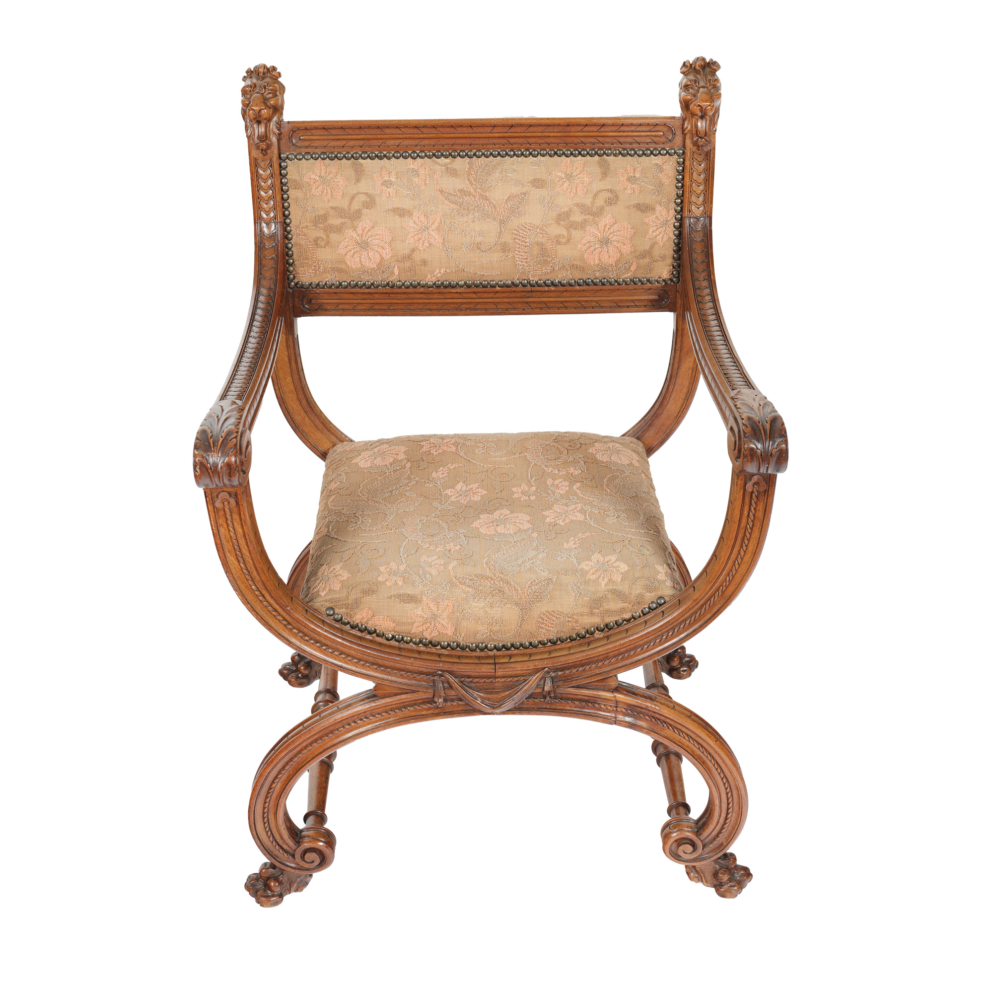 Savanarola Walnut Chair, decorated with lion heads, cca. 1880