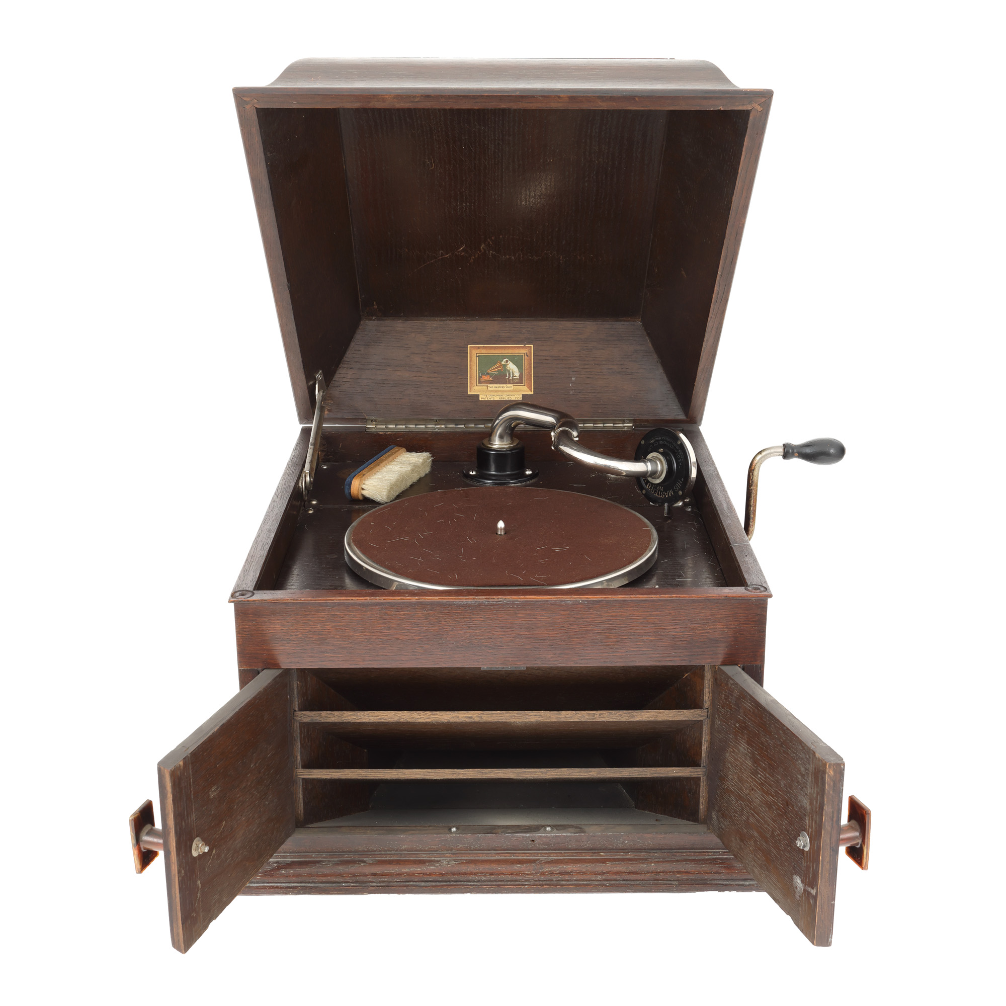 Gramofon His Master's Voice, model 103, Marea Britanie, cca. 1925, însoțit de o colecție de discuri din ebonită