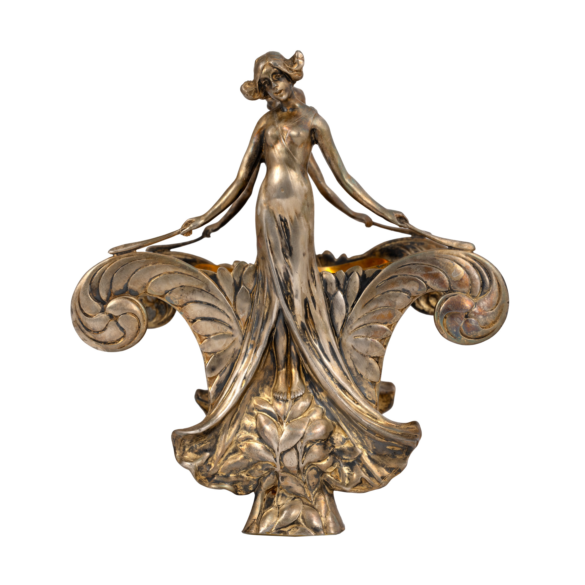 Suport Art Nouveau pentru scrisori, din bronz și alamă aurită, decorat cu două siluete feminine, cca. 1920