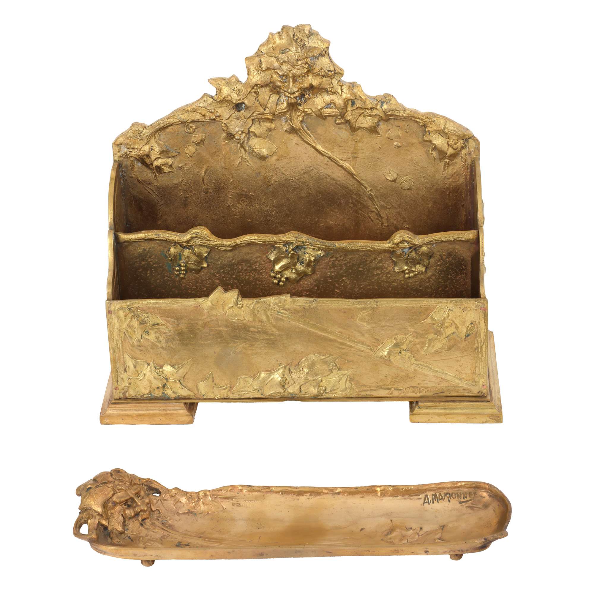 Letter and writing instrument holder, in Art Nouveau style, made of doré bronze, signed by Albert Marionnet, decorated with a lakeside landscape and river deities, circa 1920