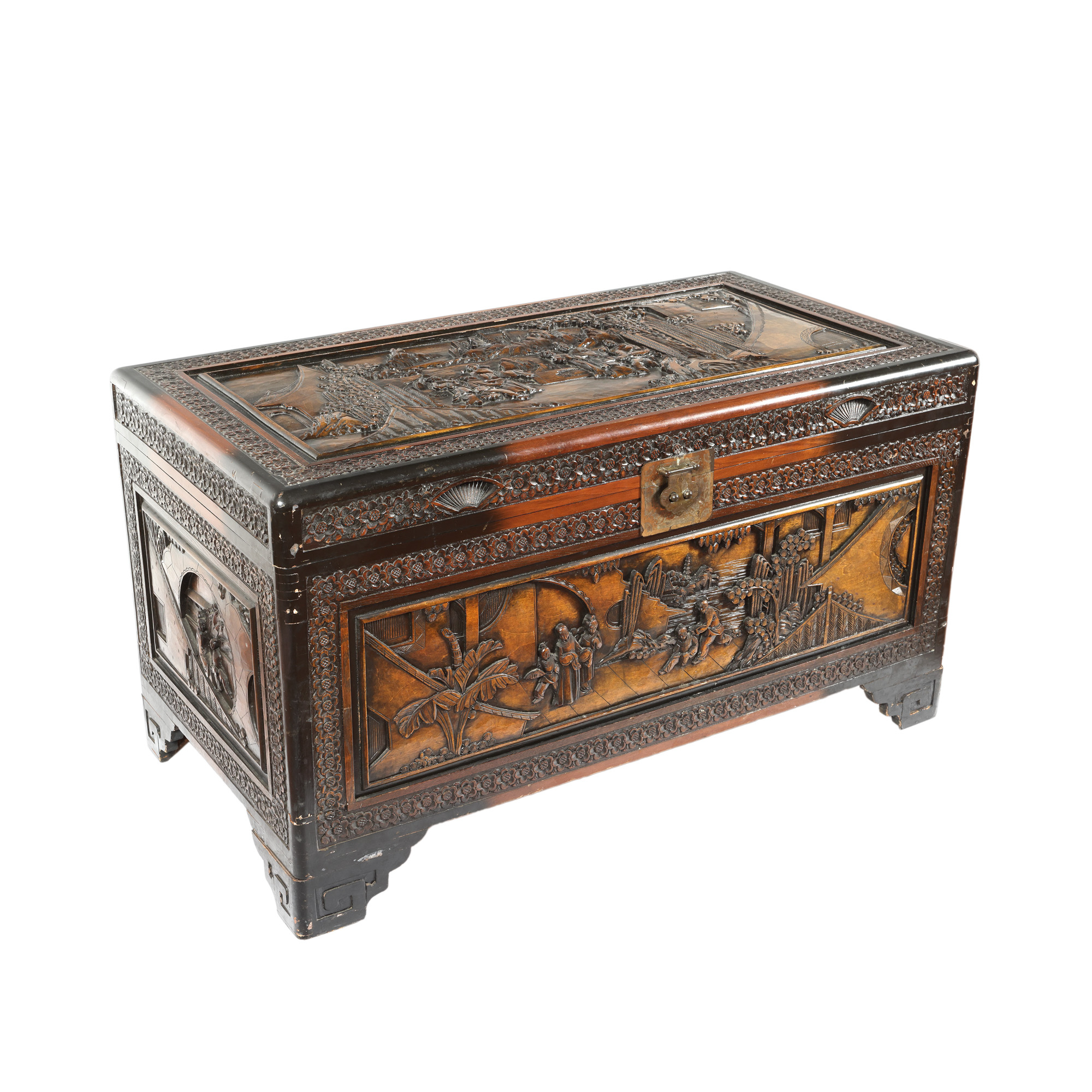 Solid wood coffer, carved with chinoiserie motifs, mid 20th century