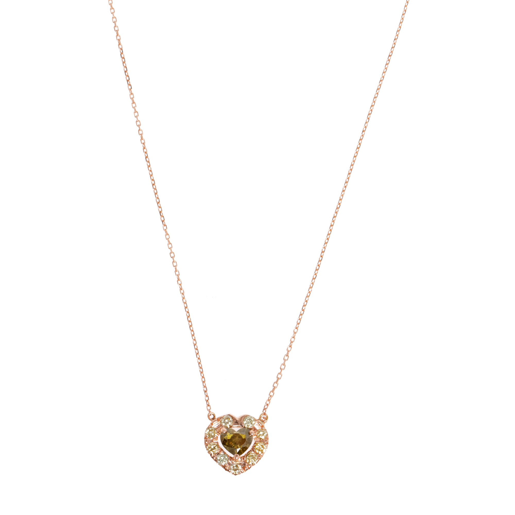 Rose gold chain with pendant, decorated with a heart-shaped central diamond, surrounded by diamonds, the central stone comes with a Gem Report Antwerp gemological certificate