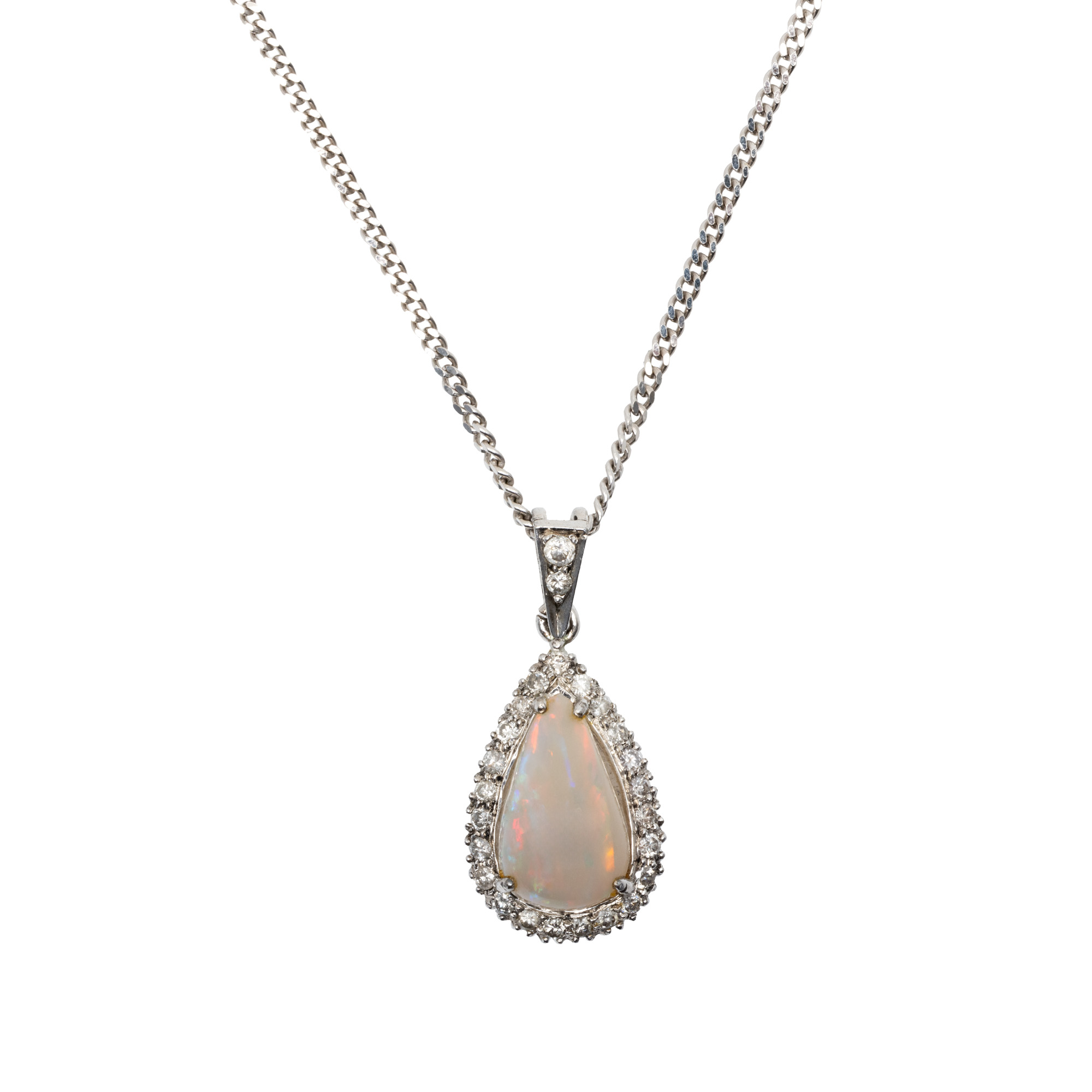 White gold and silver chain with pendant, decorated with a central opal, surrounded by diamonds