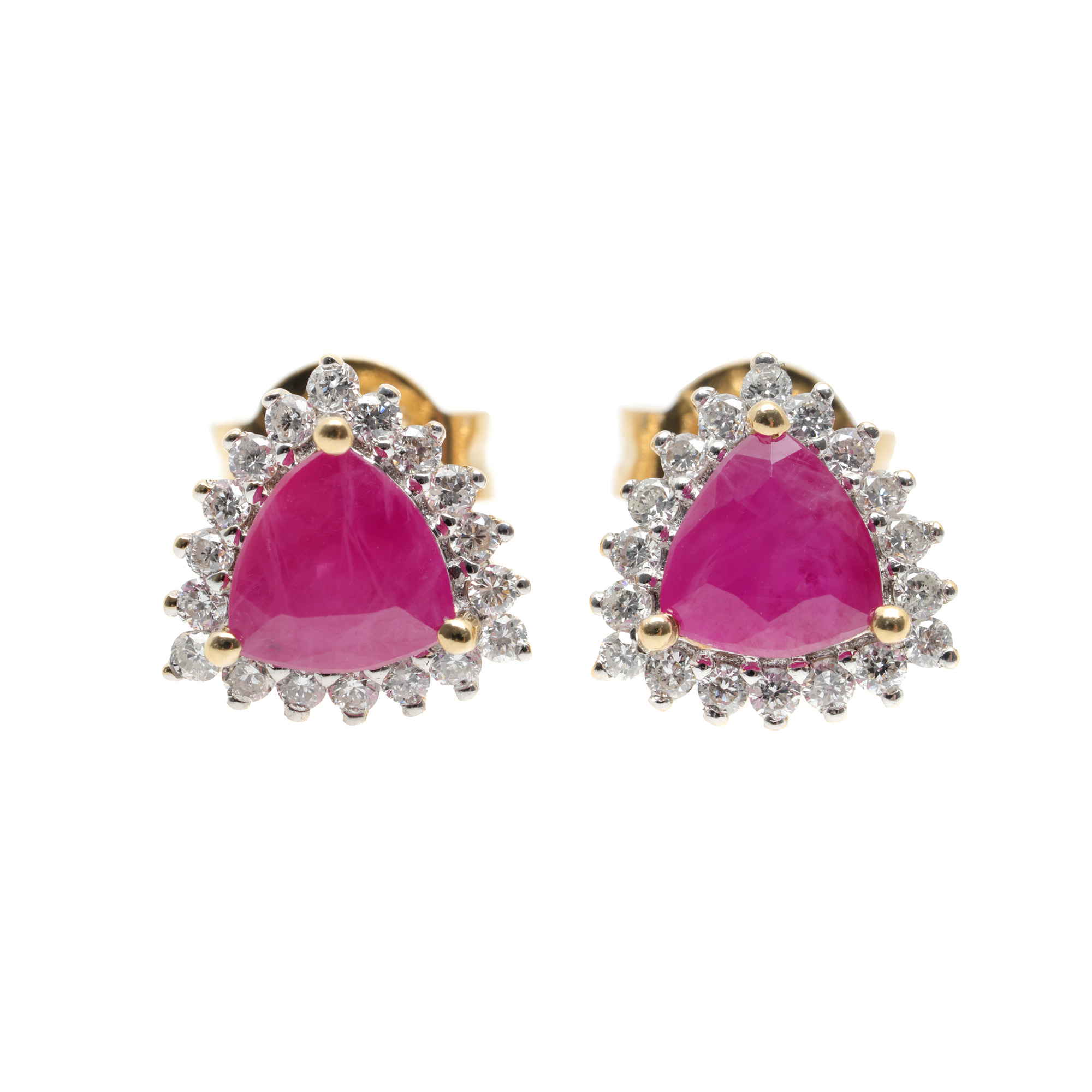 Pair of gold earrings, decorated with diamonds and rubies