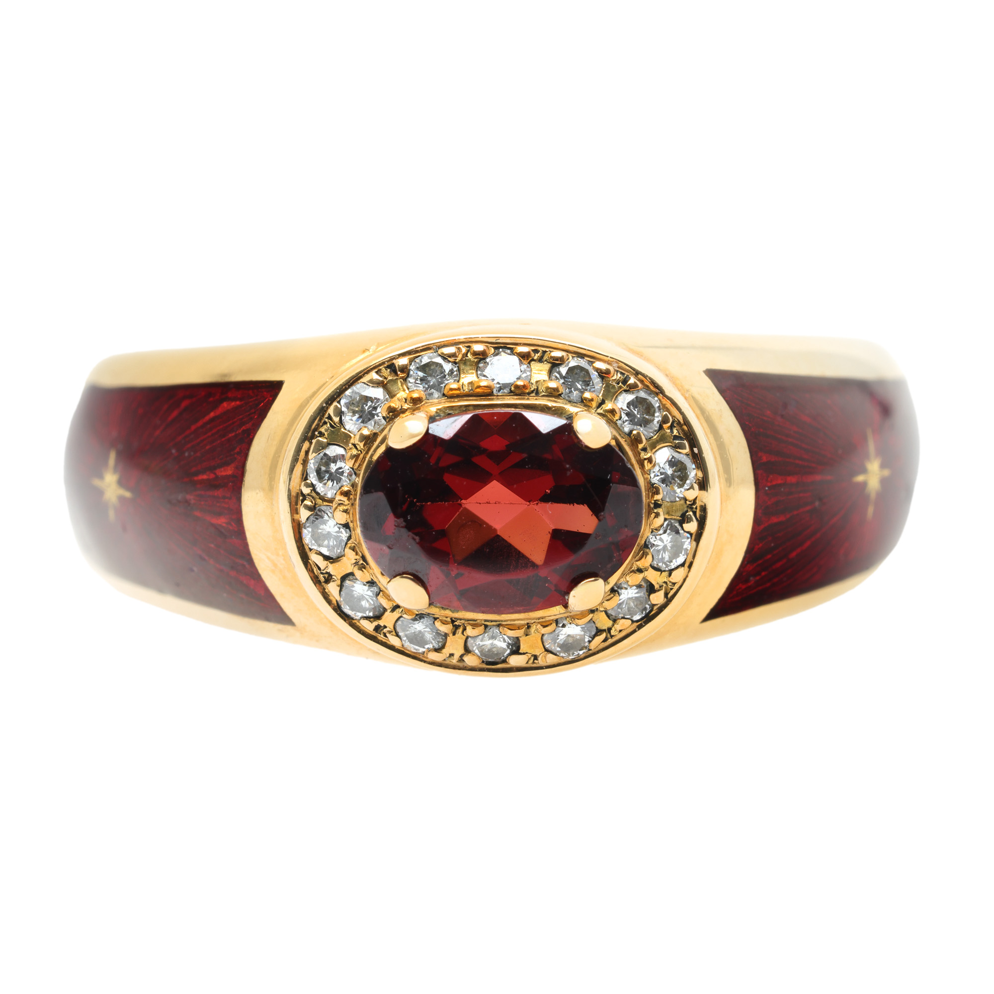 Inel Igor Fabergé din aur decorat cu diamnate, granat și email, ediție limitată 228/1000